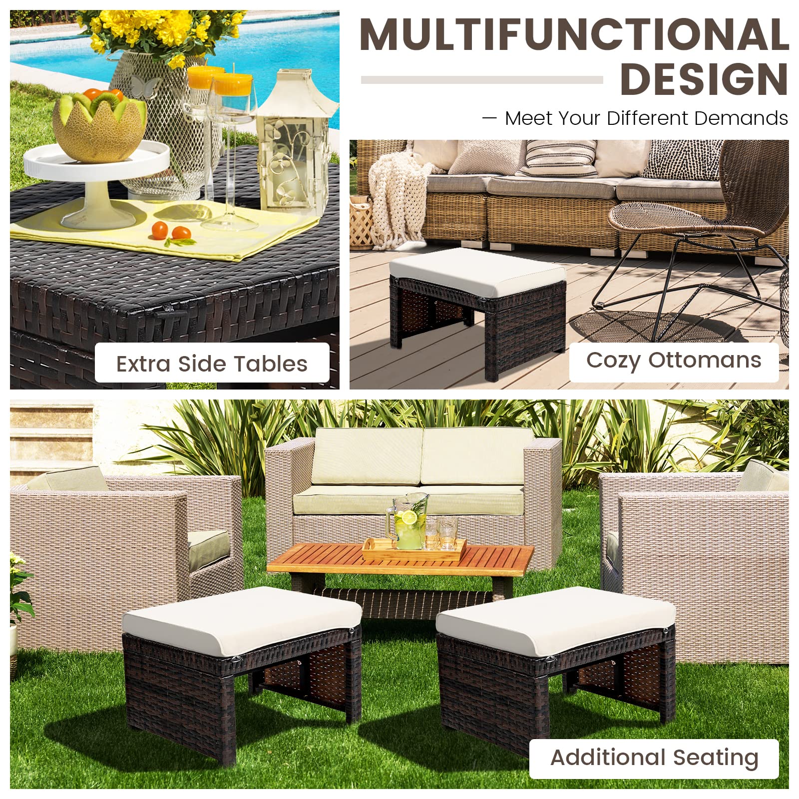 2-Piece Outdoor Wicker Ottomans with Removable Cushions