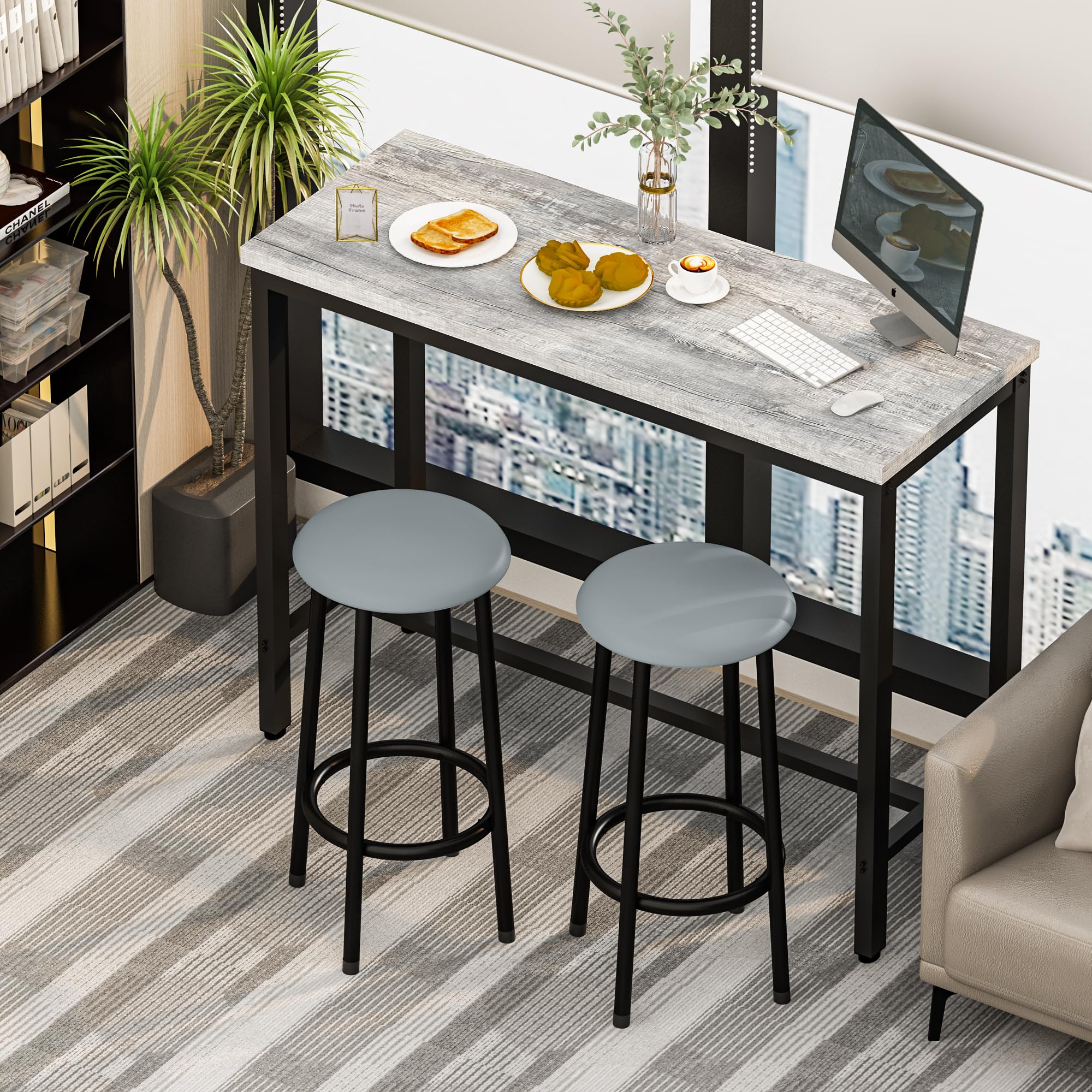 3-Piece Faux Marble Bar Table Set with Upholstered Stools