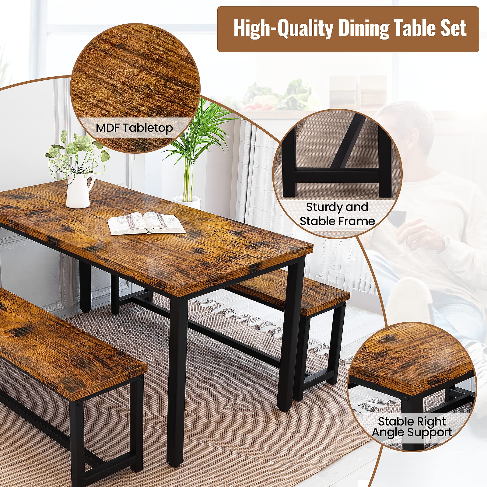 3-Piece Dining Table Set with Bench