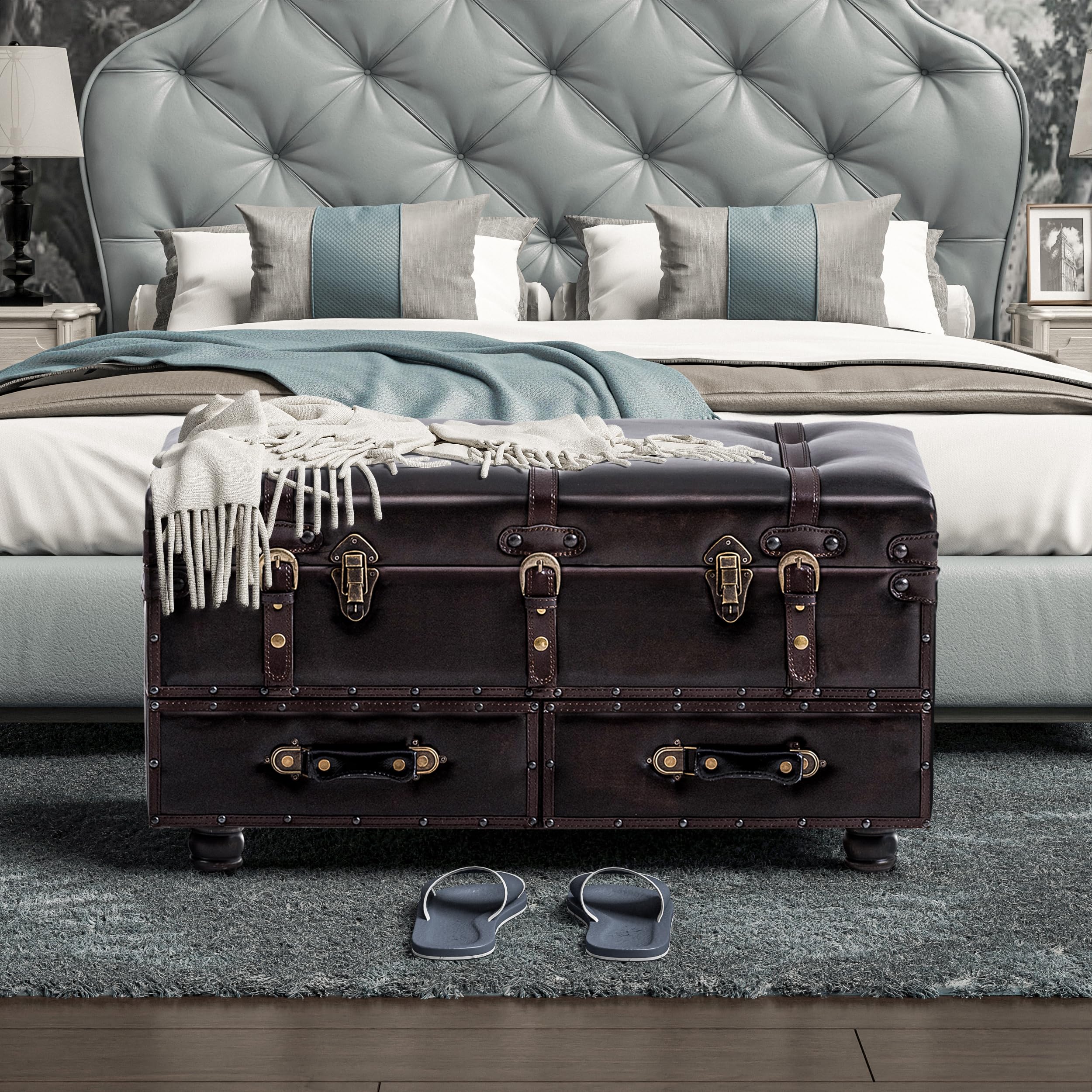 Vintage Storage Ottoman Bench with Buckle Closure