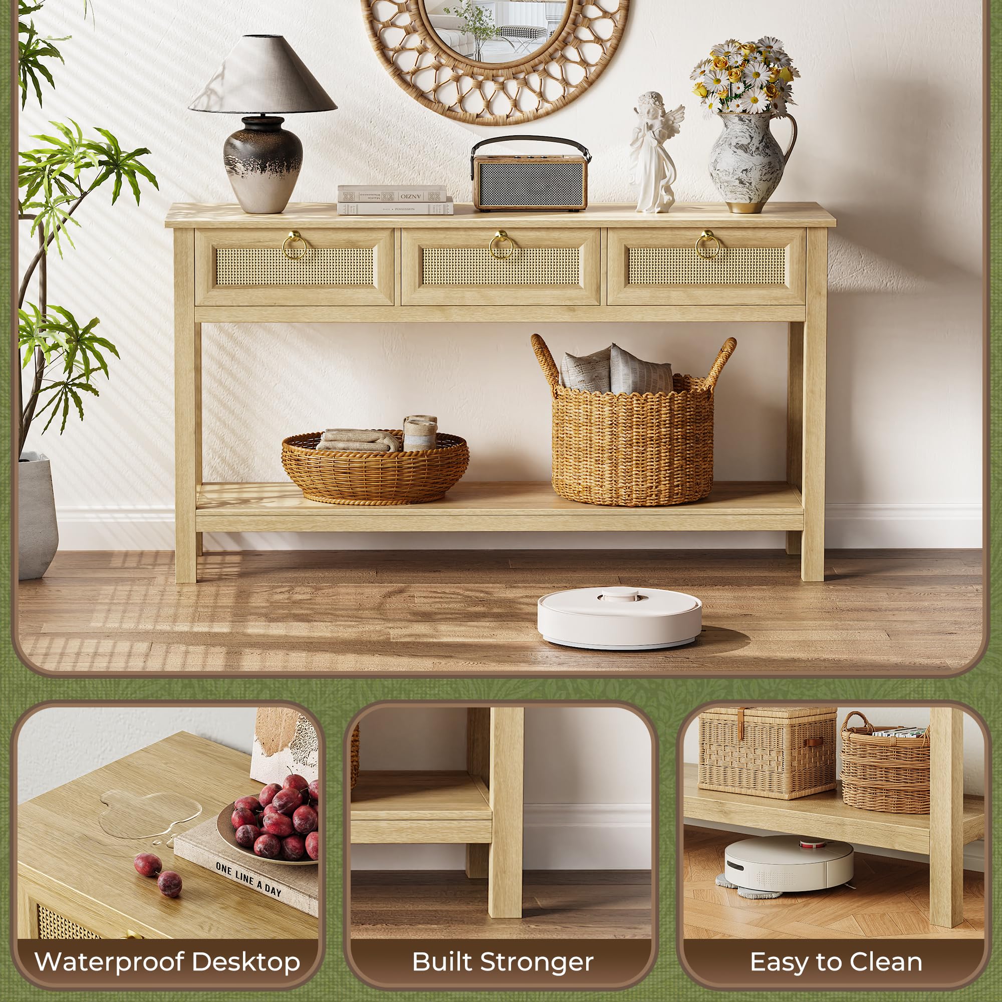 Rattan Console Table with Outlets and USB-C Port