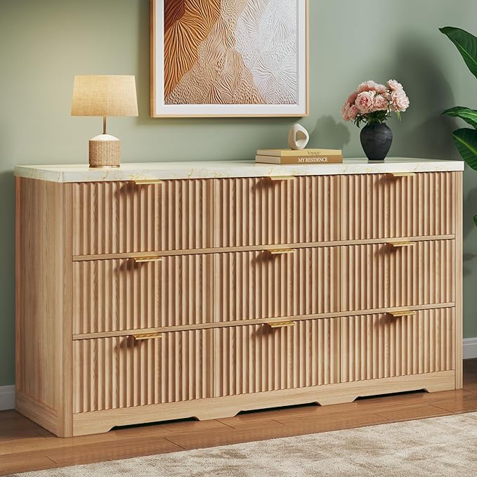 9 Drawer Fluted Dresser with Faux Marble Top