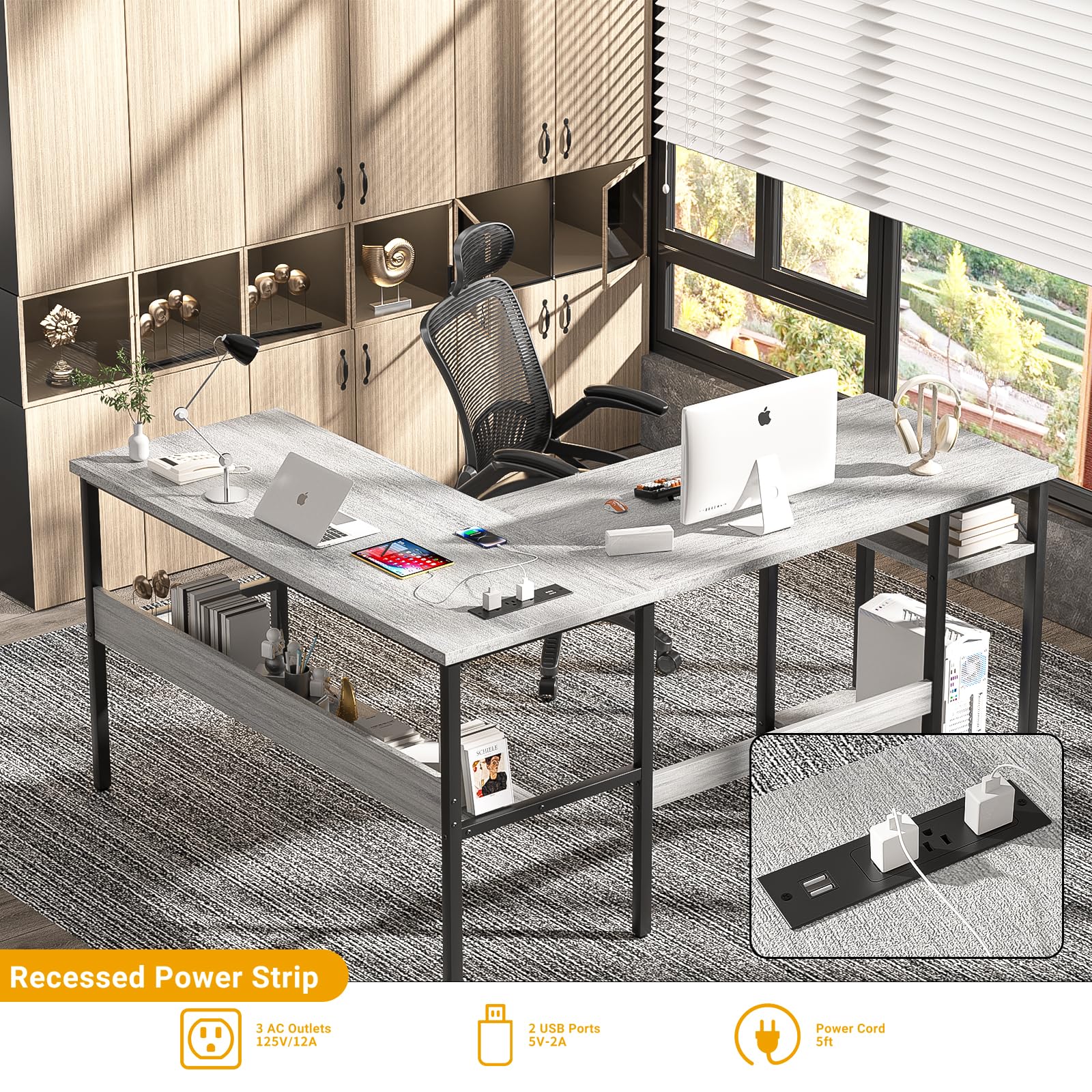 L-Shaped Computer Desk with Power Outlets and USB Ports
