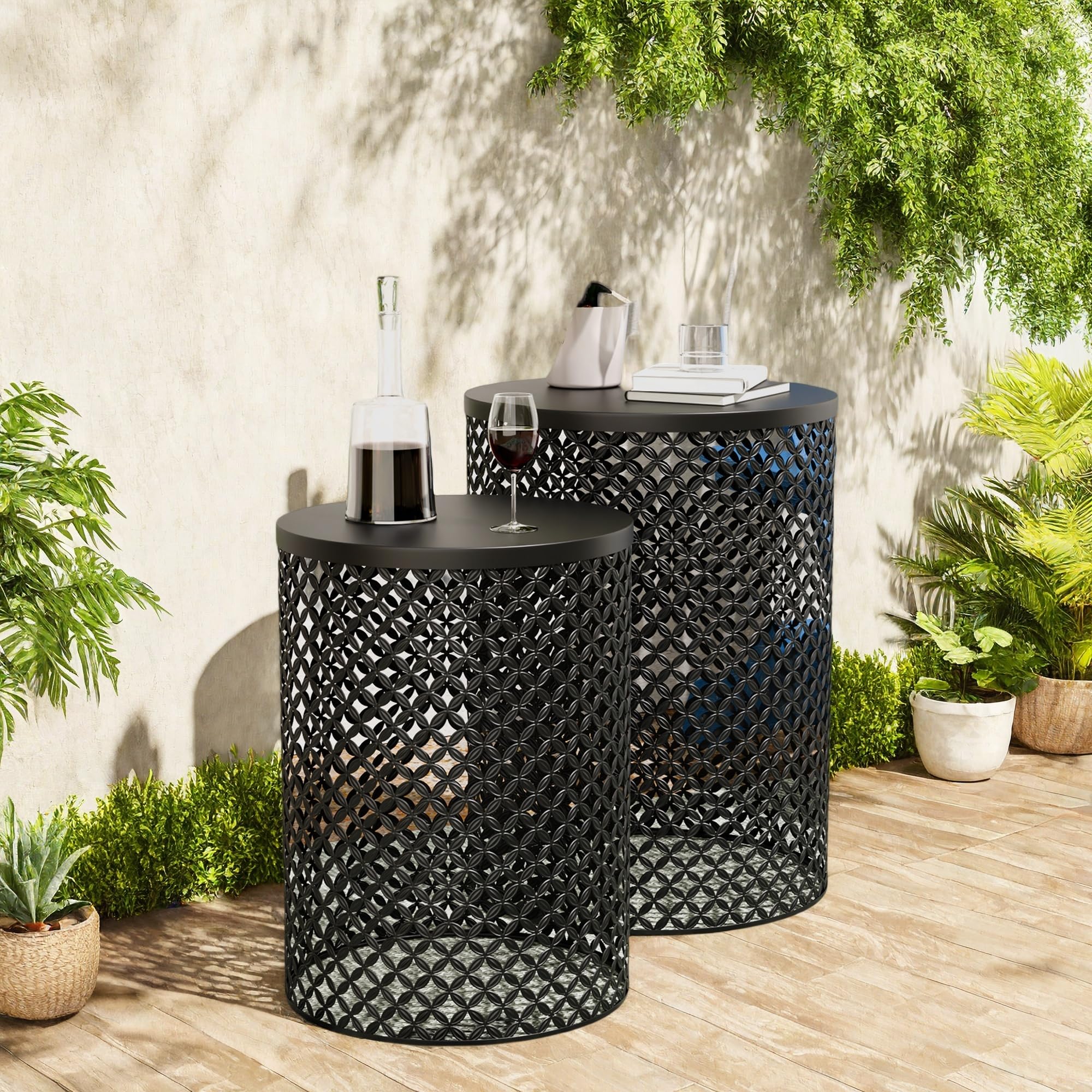 Outdoor Side Table Set of 2 - Round Metal Patio Accent Tables