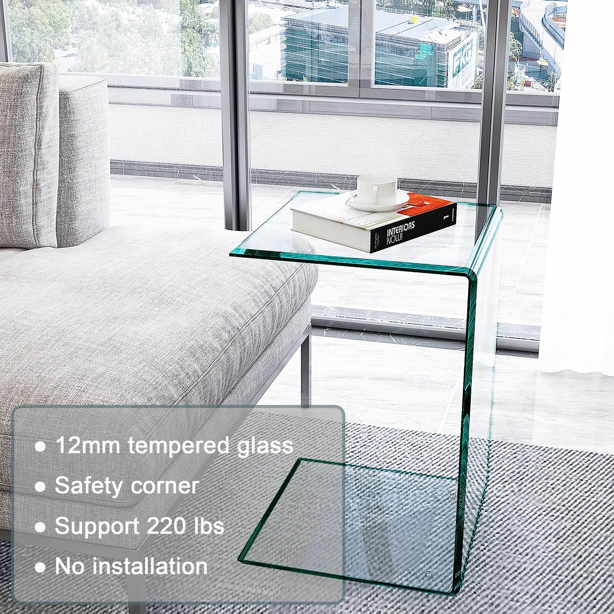 C-Shaped Glass End Table with Tempered Glass Top
