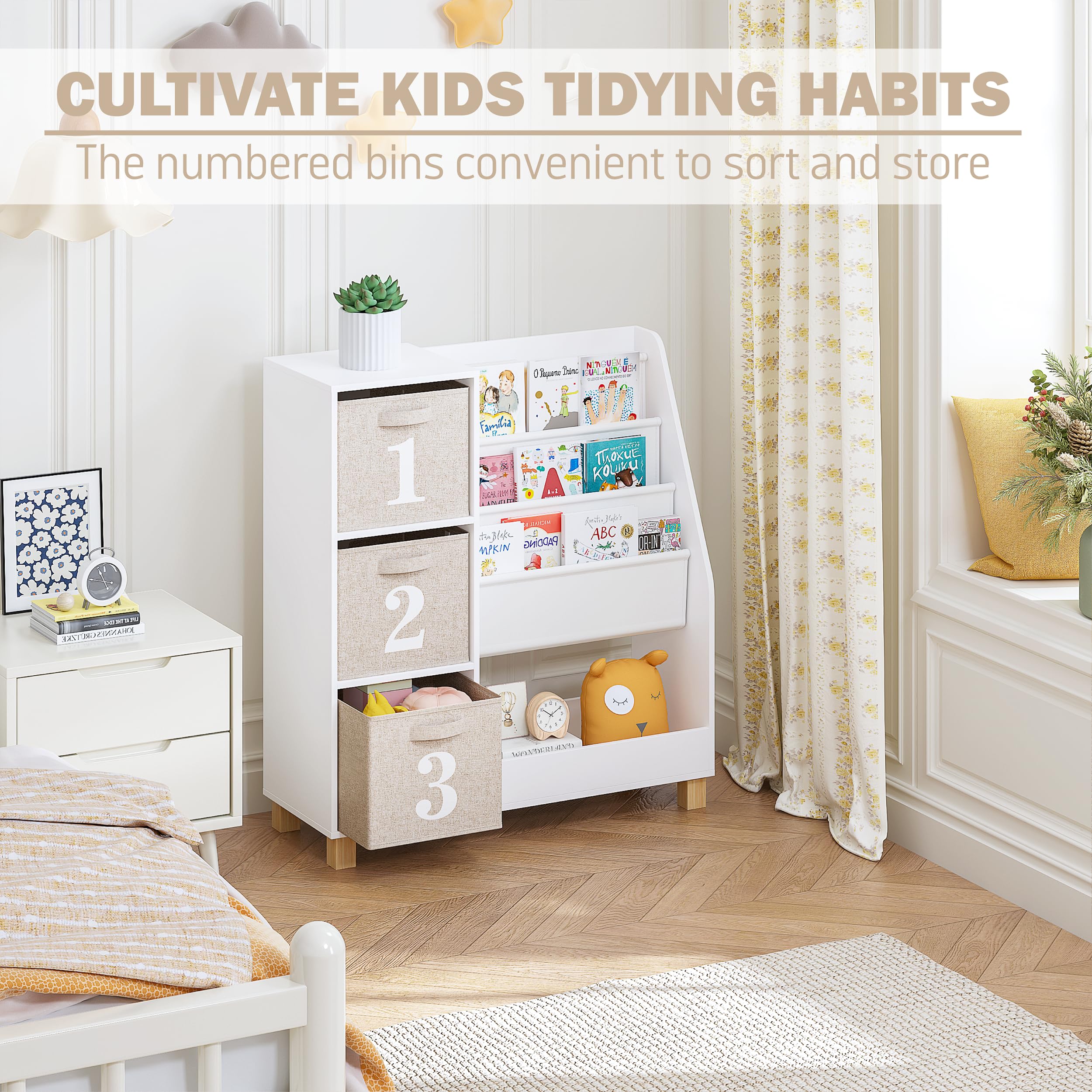 Kids Bookshelf with Storage Bins - 3-Tier Montessori Book Display
