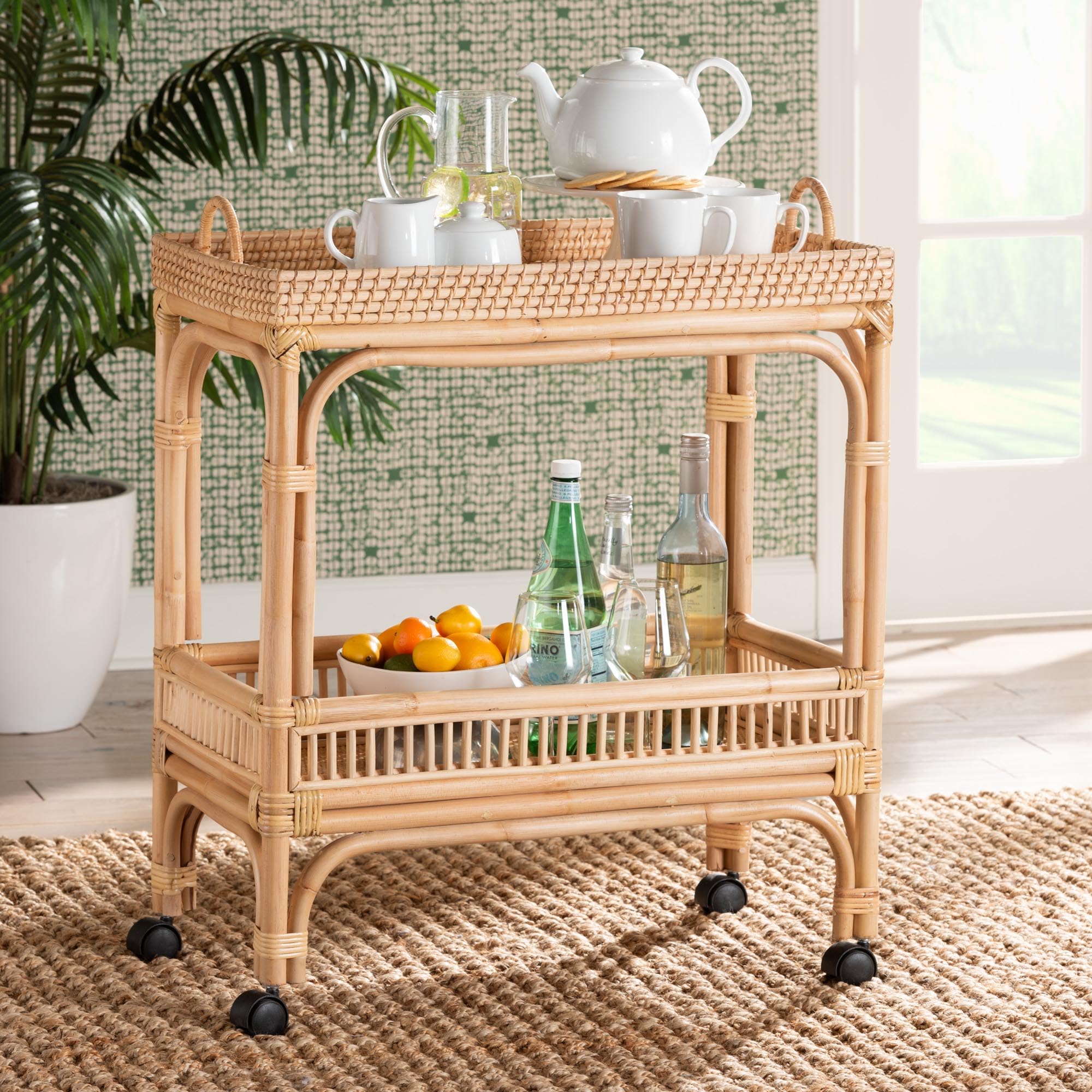 Modern Bohemian Natural Rattan 2-Tier Wine Cart