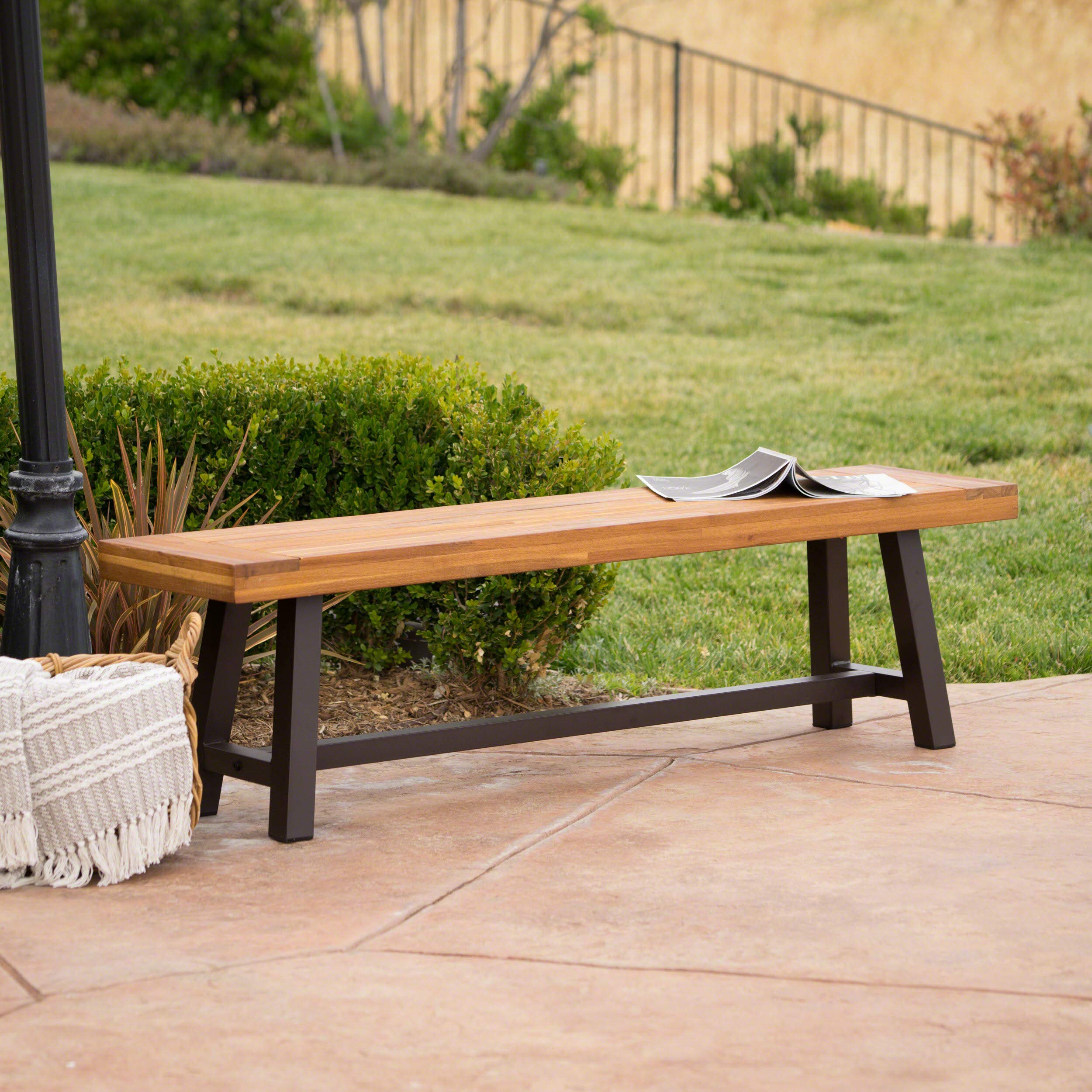 Outdoor Acacia Wood Bench with Rustic Metal Frame