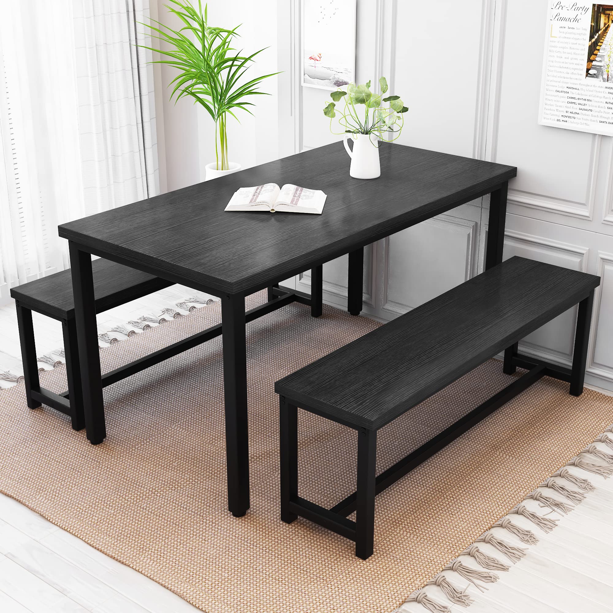 Recaceik Dining Table Set with Bench, 3 Pieces Dining Furniture Set Kitchen Table Set Sturdy Structure Space-Saving Dinette for Kitchen, Dining Room Breakfast Nook, Living Room, Black