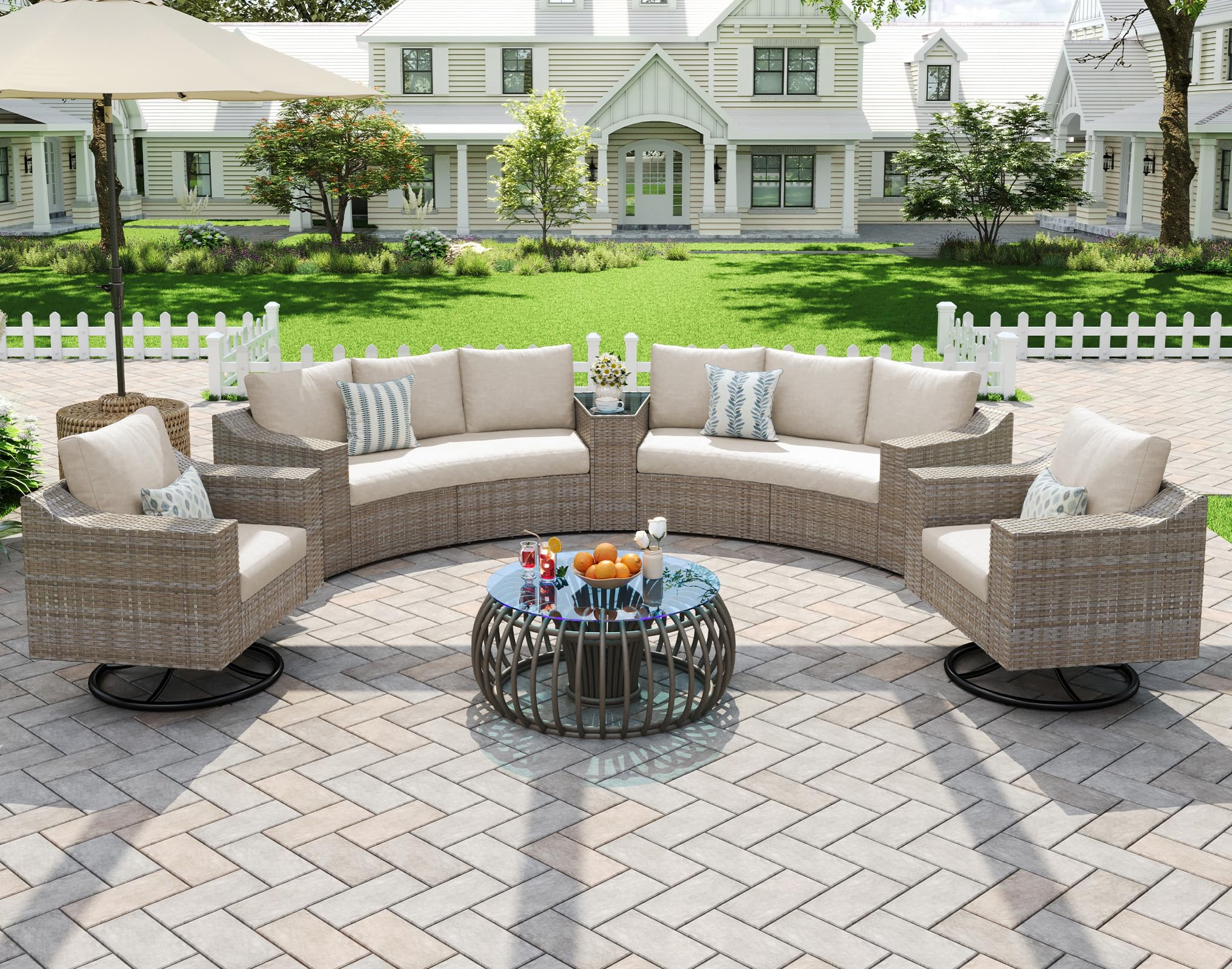 9-Piece Curved Wicker Patio Sectional with Swivel Rocking Chairs