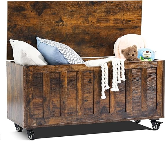Storage Bench with Wheels and Safety Hinges