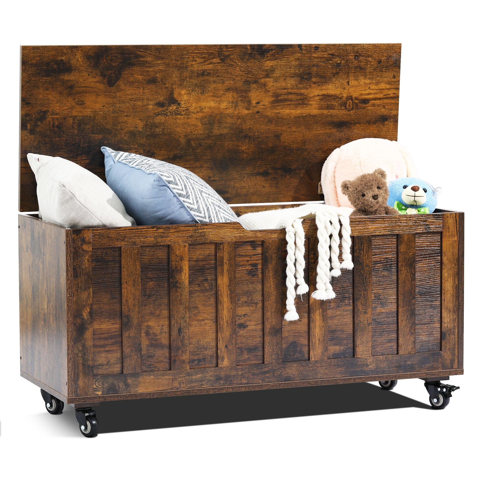 Storage Bench with Wheels and Safety Hinges