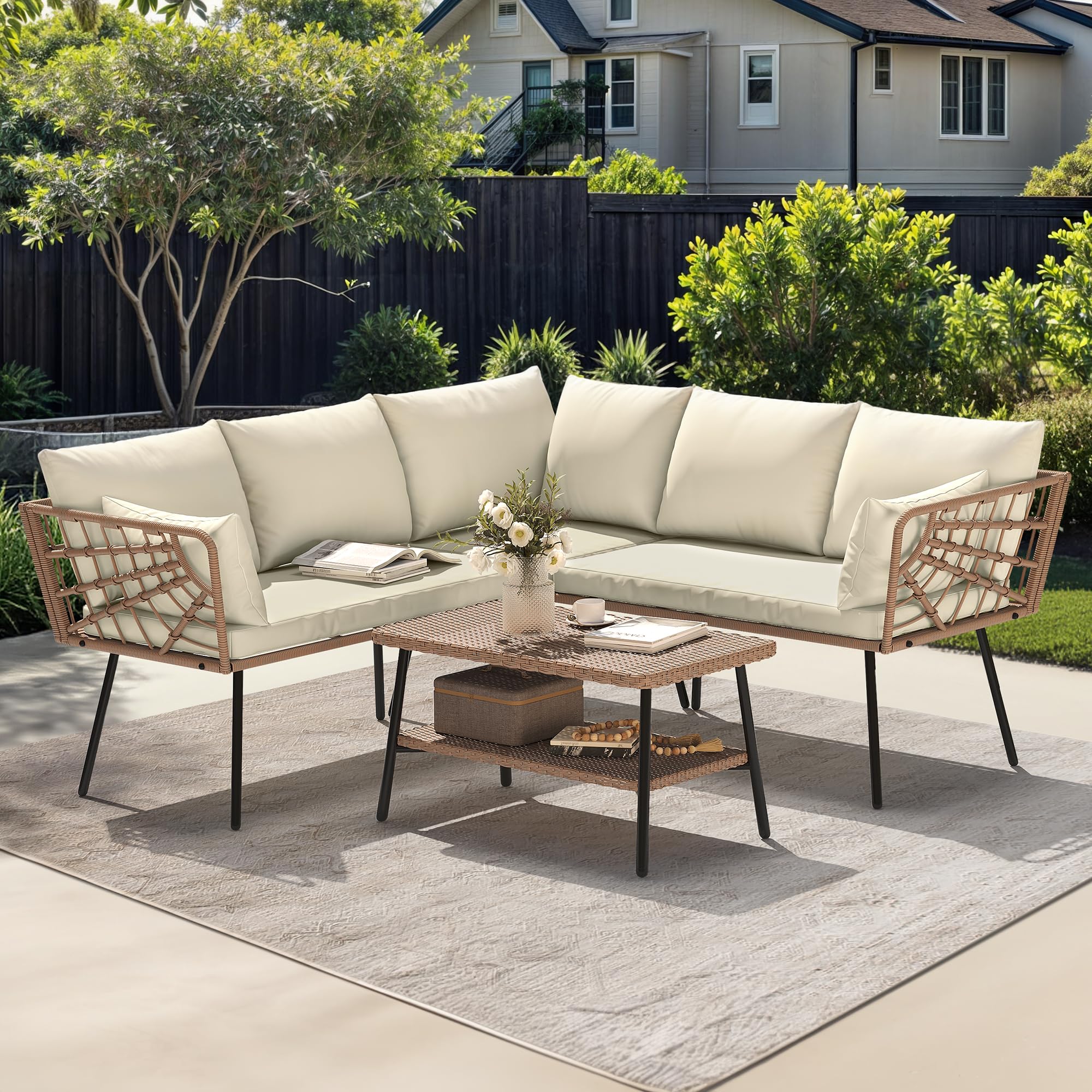L-Shape Outdoor Patio Furniture Set with Coffee Table
