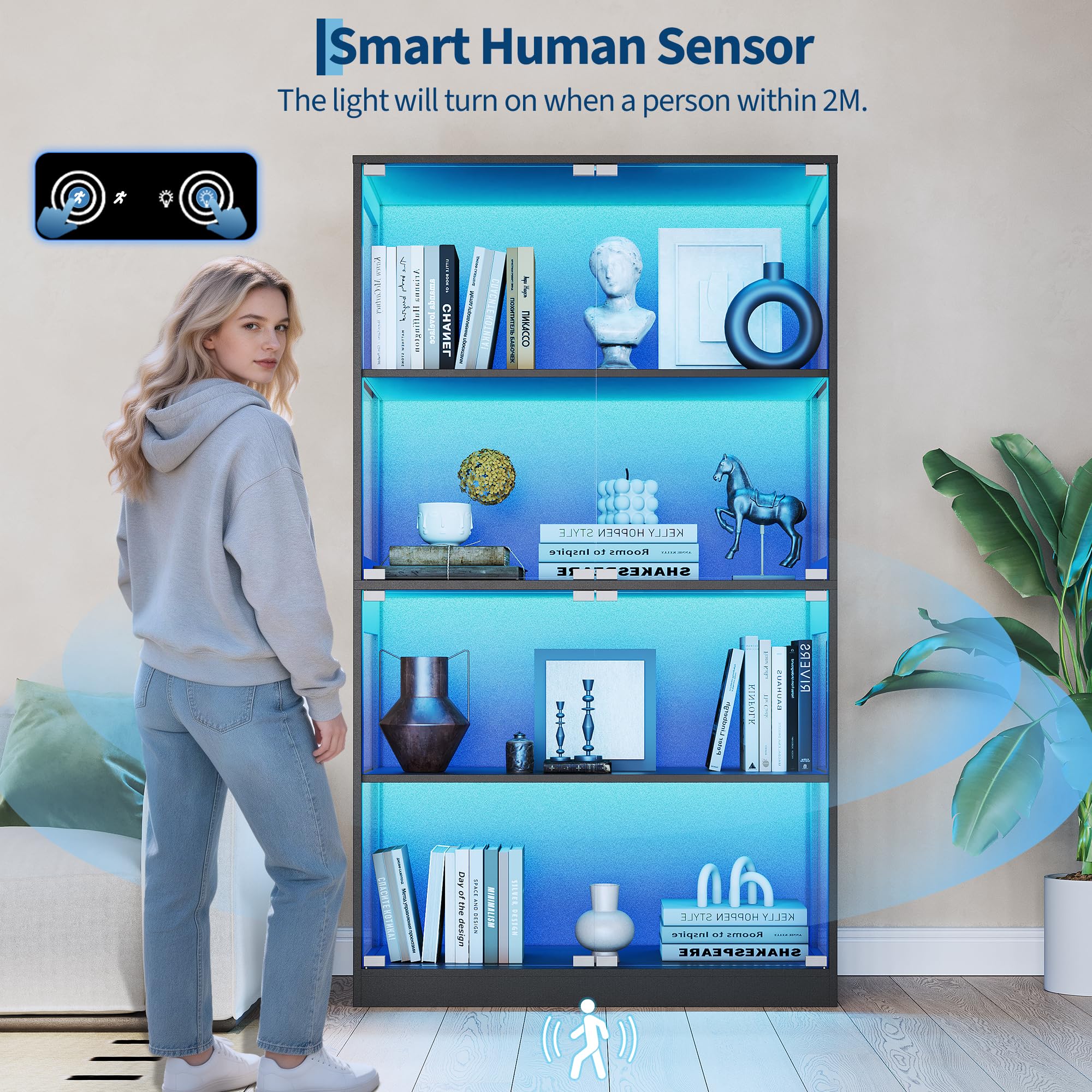 4-Tier Glass Display Cabinet with LED Lights, Human Sensor & Charging Ports