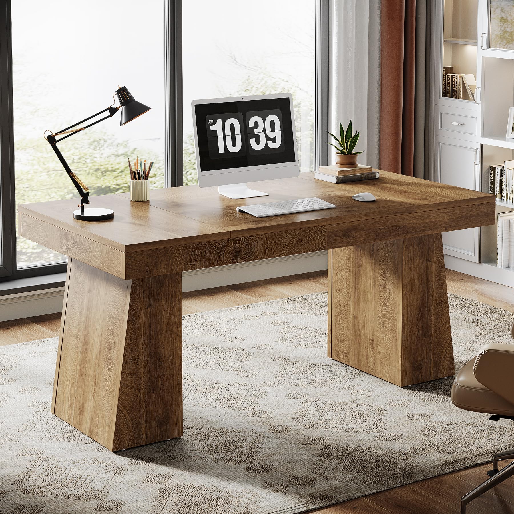 55-Inch Executive Desk Mid-Century Modern Wood Computer Table