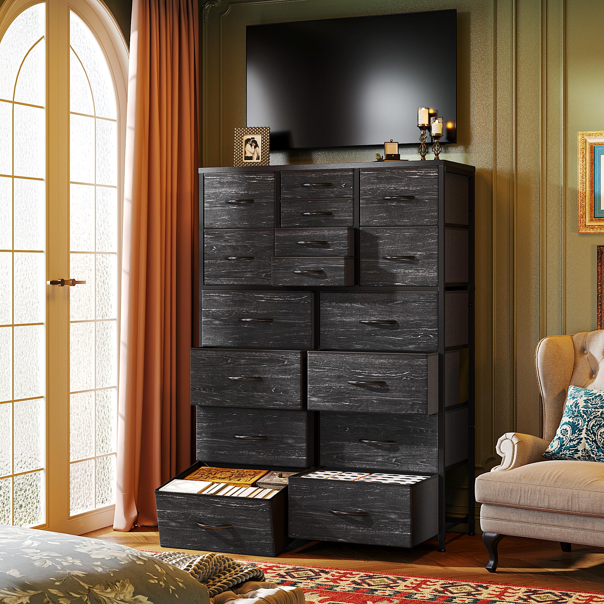 57" Fabric Dresser with 16 Drawers