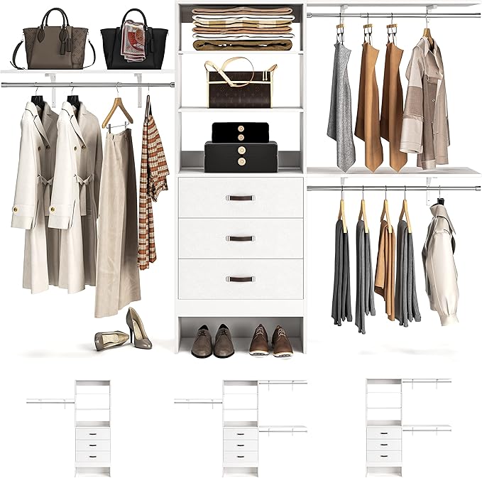 96 Inch Walk-In Closet Organizer System with 3 Shelving Towers and Drawers