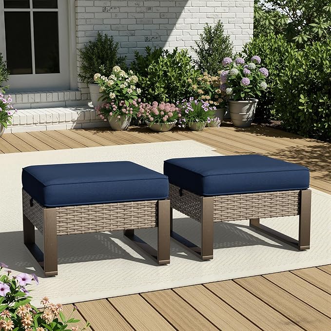 PE Rattan Ottoman Footstool Set with Removable Cushions
