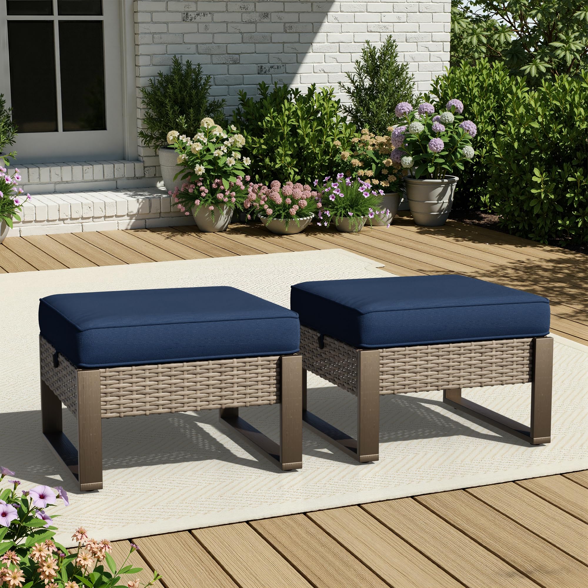 Outdoor Patio PE Rattan Ottomans with Removable Cushions