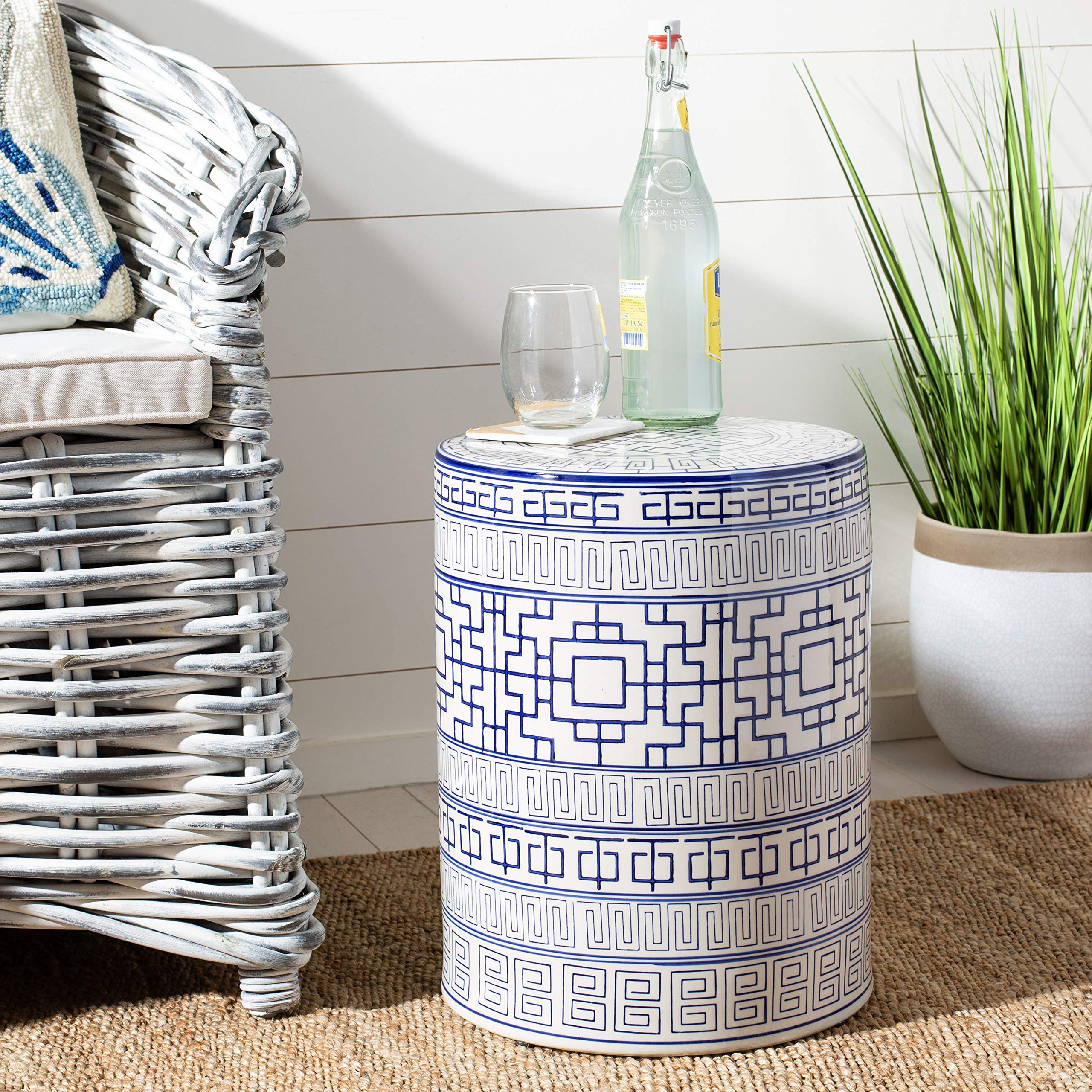 Ceramic Garden Stool Blue and White Geometric Pattern 18-Inch