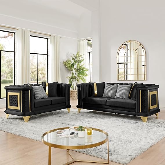 2-Piece Velvet Luxury Sofa Set with Gold Trim