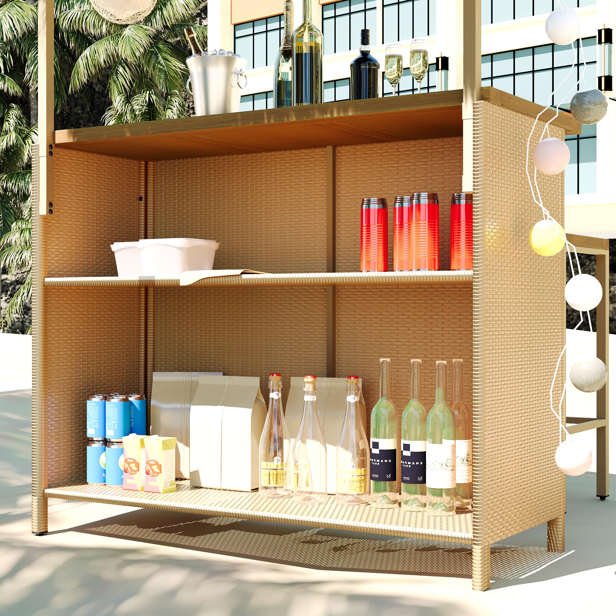 Hawaiian Style Outdoor Bar Set with 2 Stools