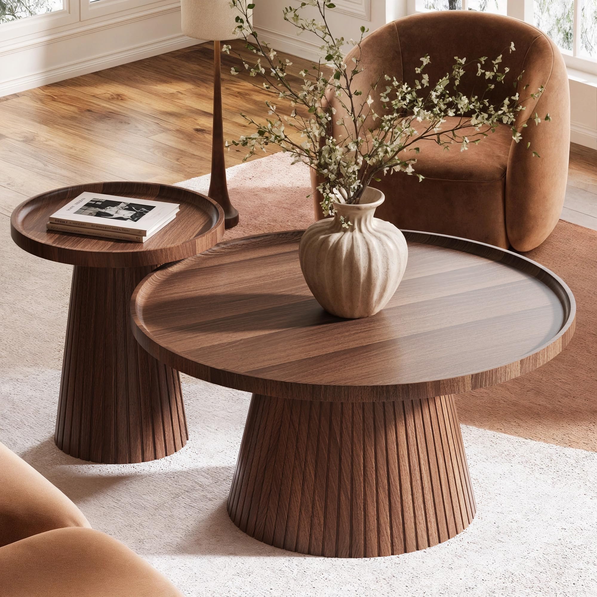 Nesting Coffee Table Set of 2 Mid Century Modern Round Tea Table