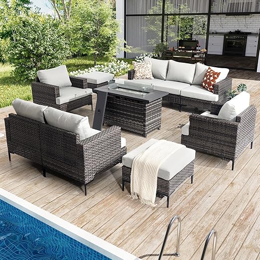 10 Piece Patio Sectional Set with Fire Pit Table