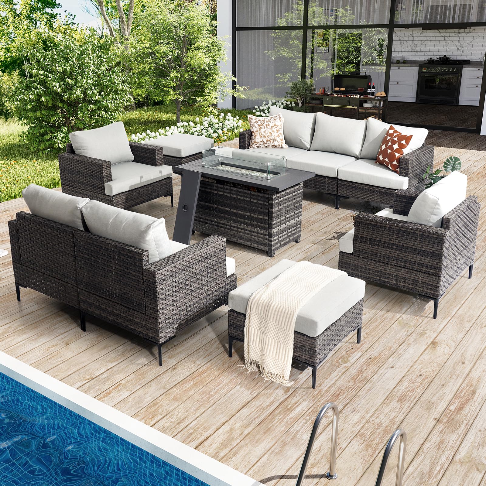 10 Piece Patio Sectional Set with Fire Pit Table