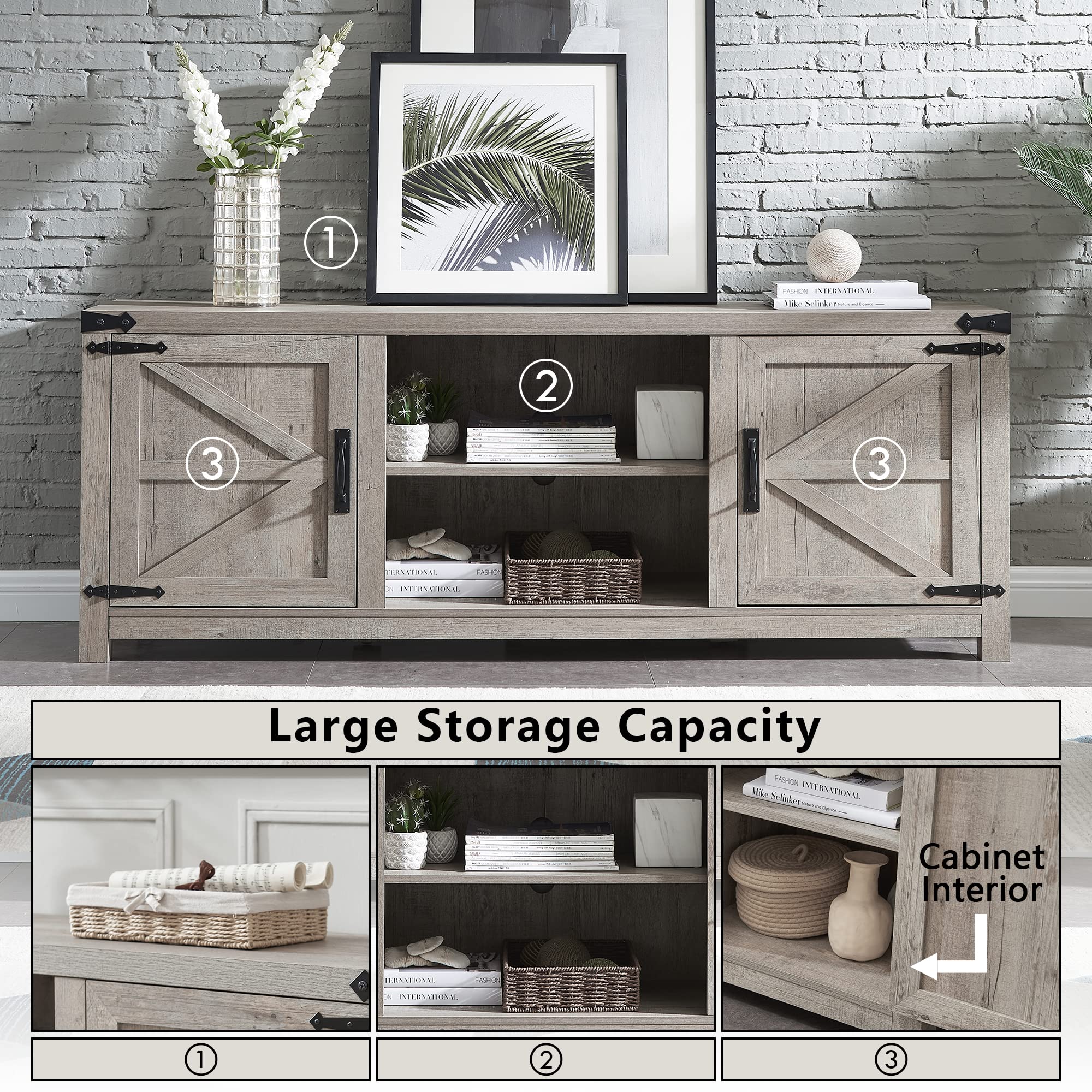 66 Inch Farmhouse TV Stand with Barn Door Cabinets