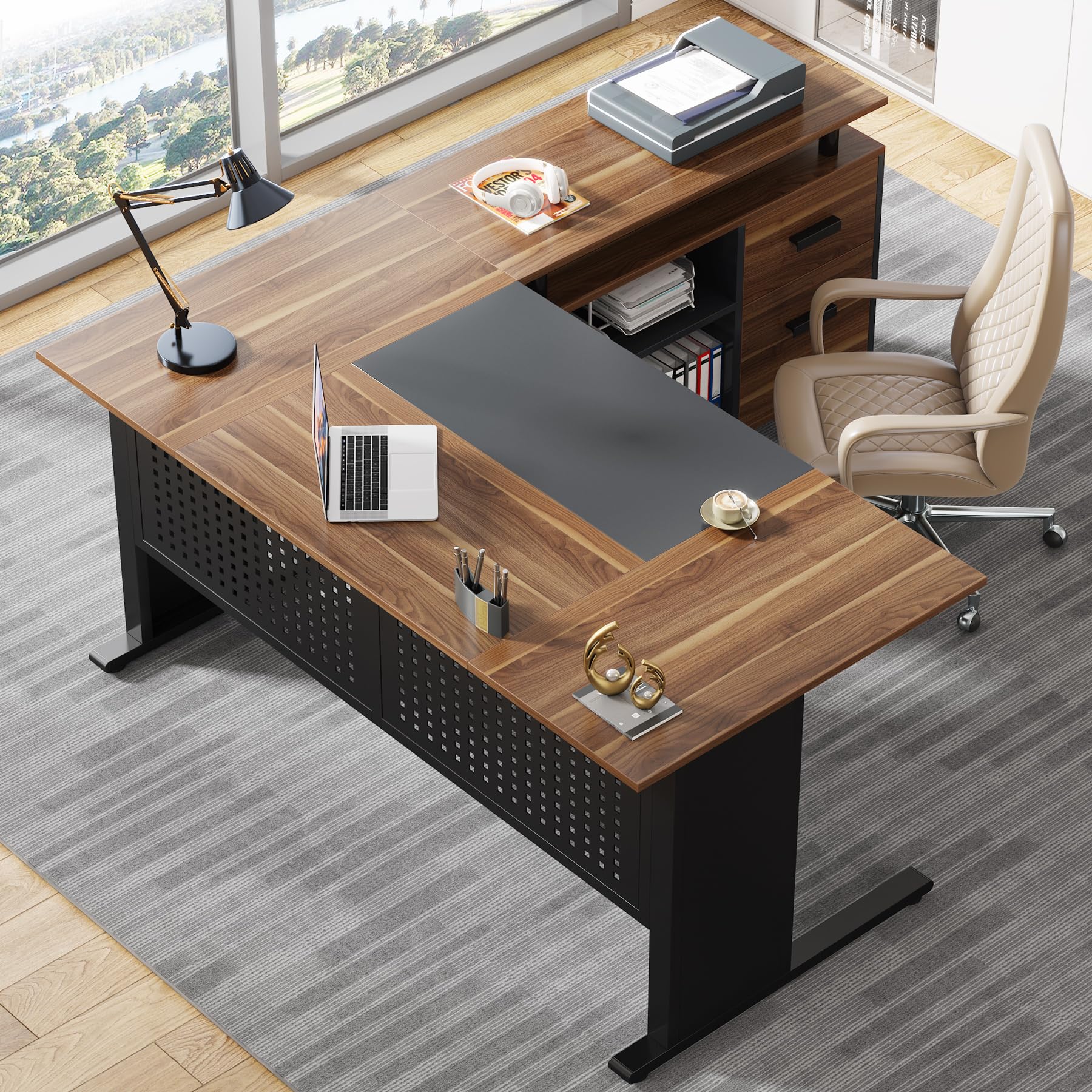 L-Shaped Executive Desk with File Cabinet