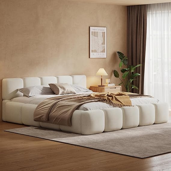 King Size Boucle Platform Bed with Thick Headboard