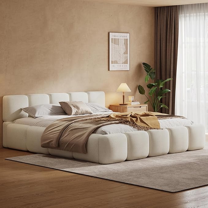 King Size Boucle Platform Bed with Thick Headboard