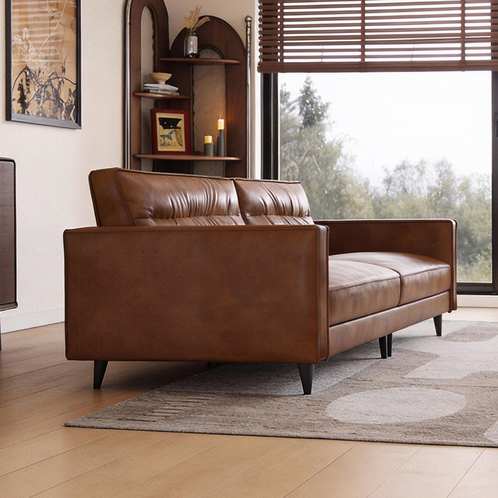 NessCarsti Faux Leather Sofa 86.61" for Three, Medieval Style, Simple and Fashionable Design, Solid Wood Frame with Metal Legs, for Modern Living Room, Bedroom, Office, Brown
