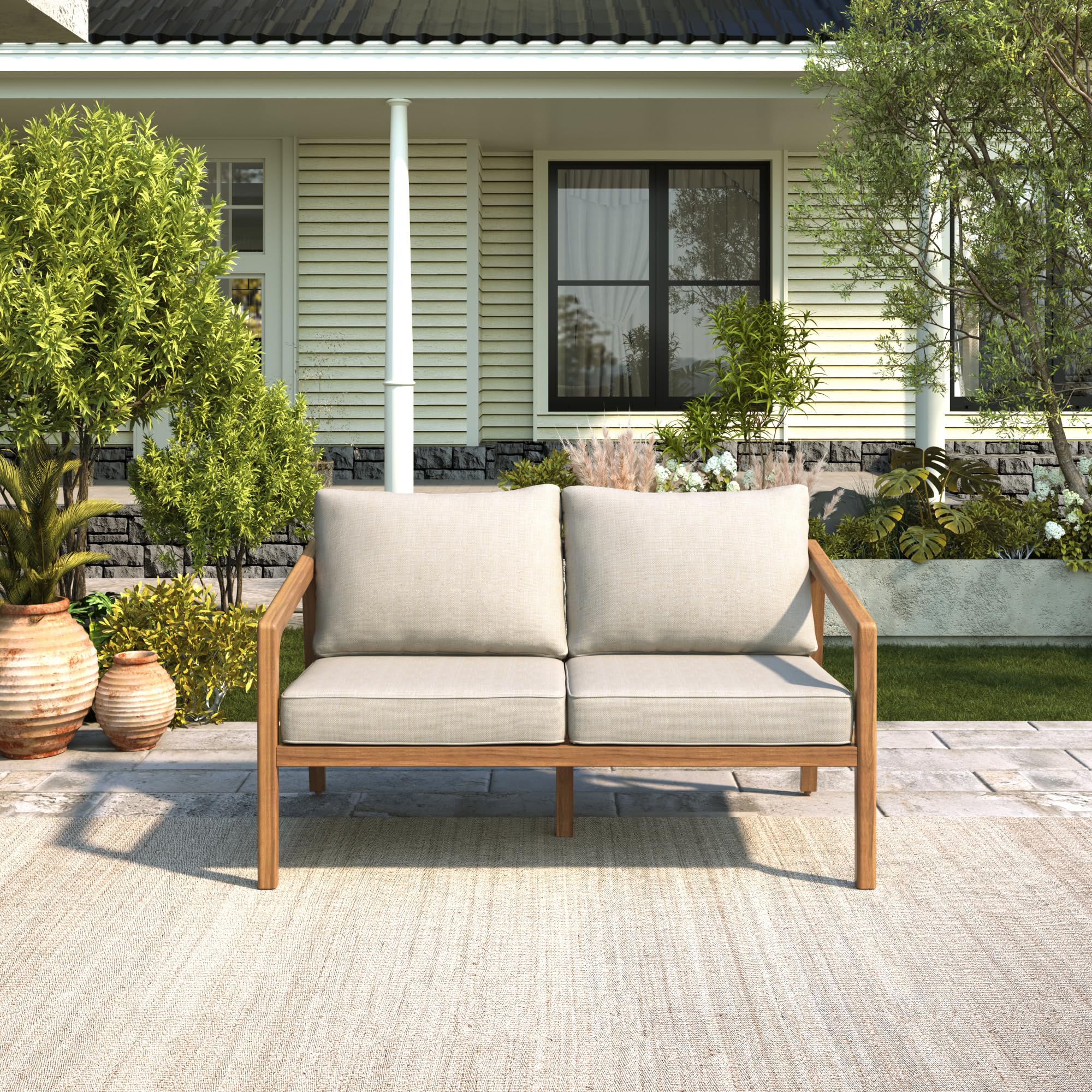 Acacia Wood Patio Loveseat with Removable Cushions