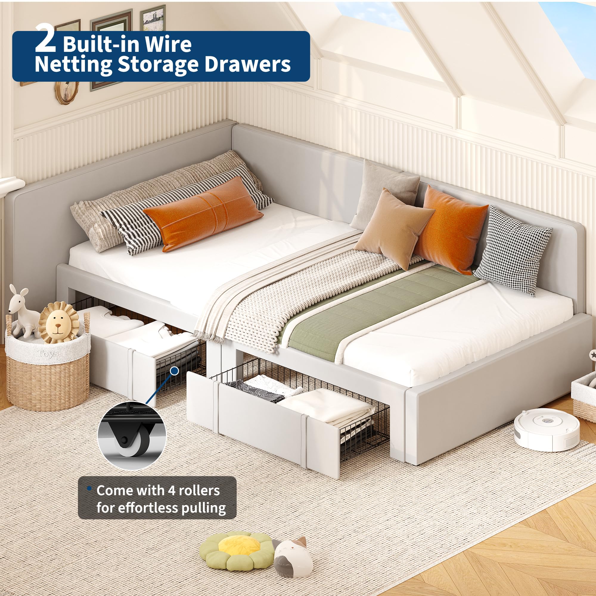 Twin Daybed with Storage Drawers and Velvet Upholstered Headboard
