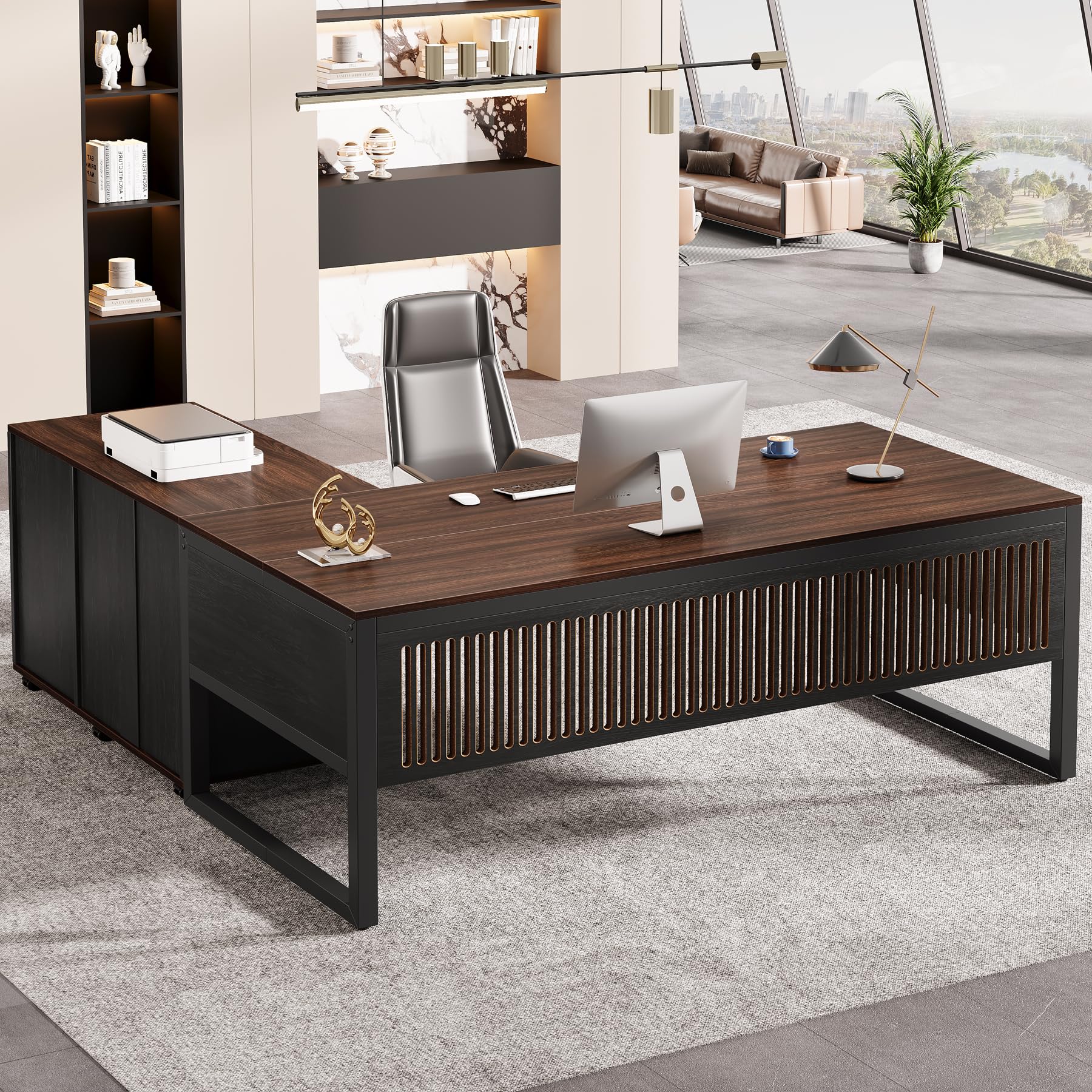 63-Inch Executive L-Shaped Desk with Mobile File Cabinet