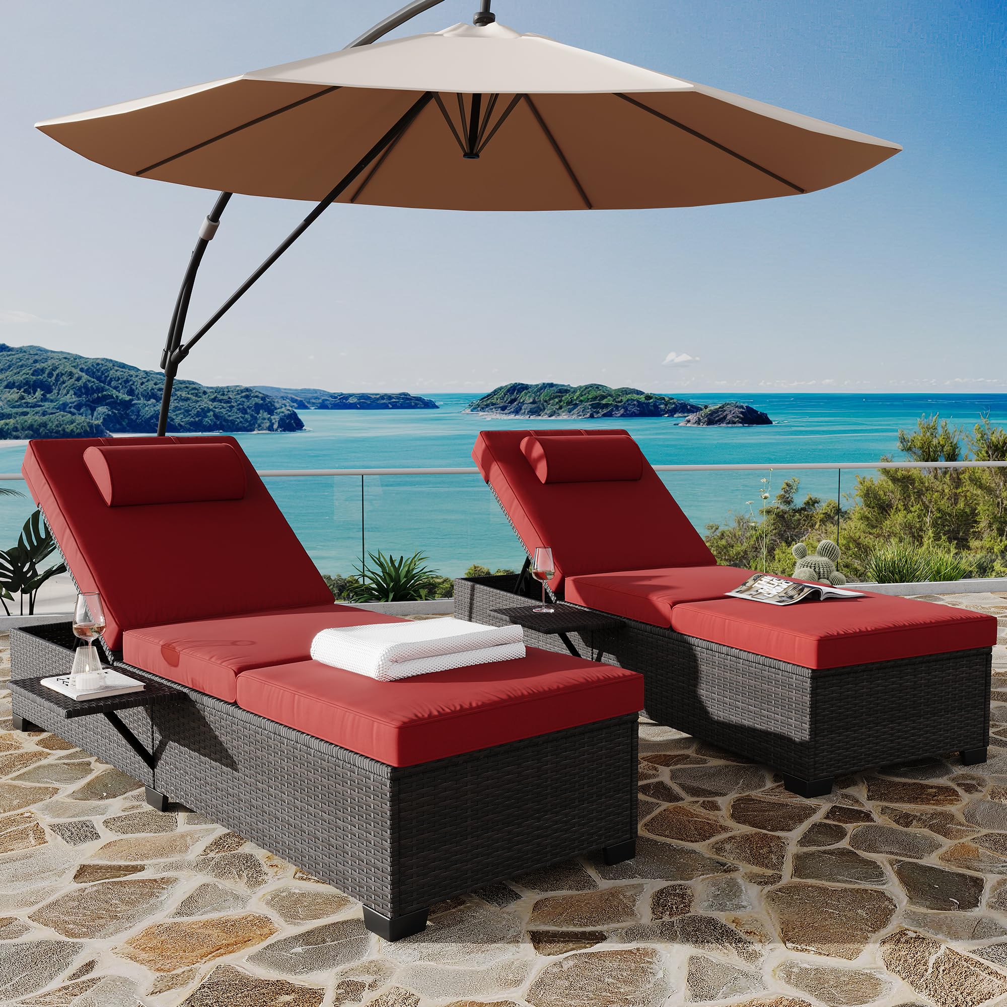 Outdoor PE Wicker Chaise Lounge Chairs Set of 2 with Adjustable Backrest