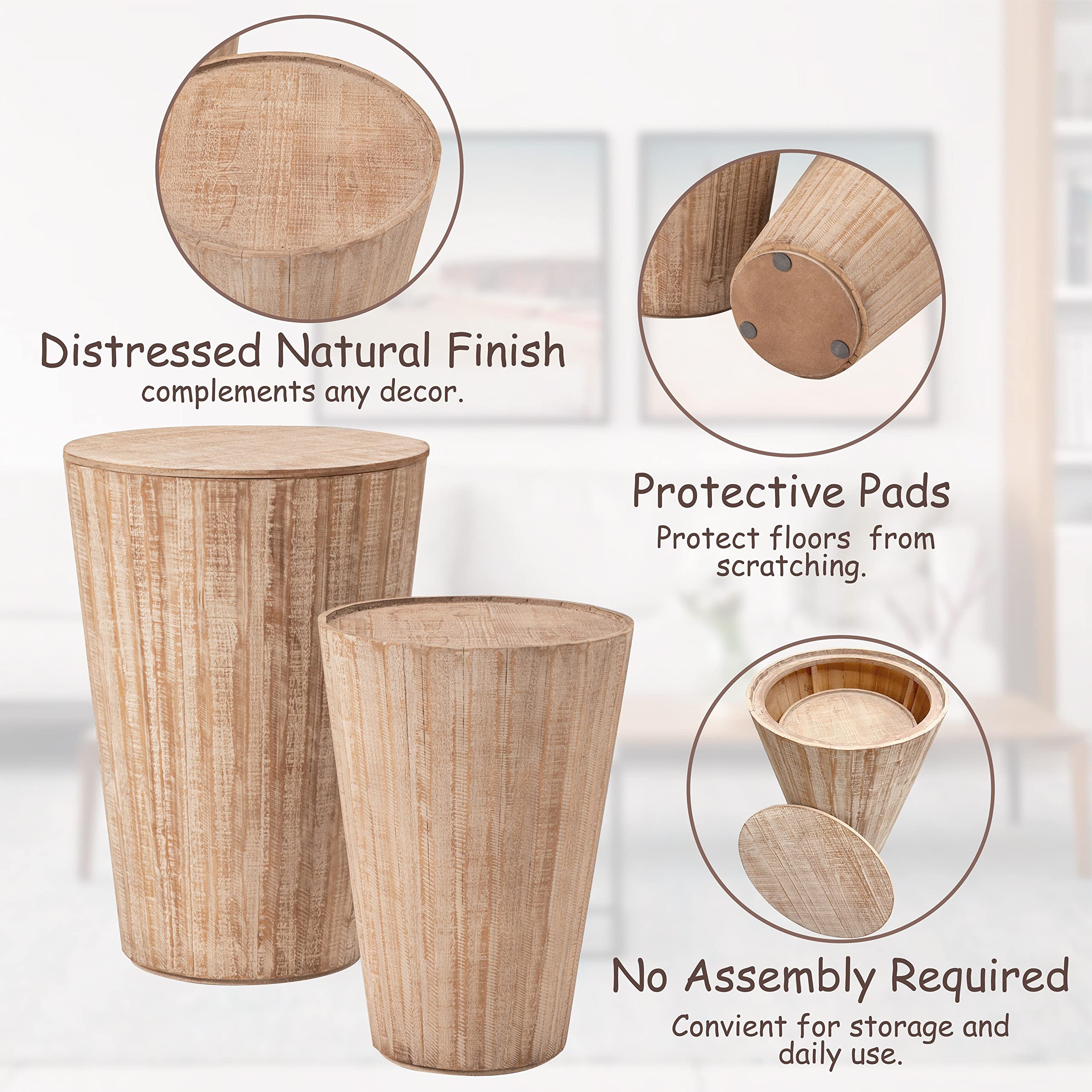 COZAYH Round End Table Set of 2, Farmhouse Nesting Side Table, Rustic Barrel Table Space Saving Storage with One Removable Lid for Living Room, Bedroom, Dining Room, Natural Distressed Finish