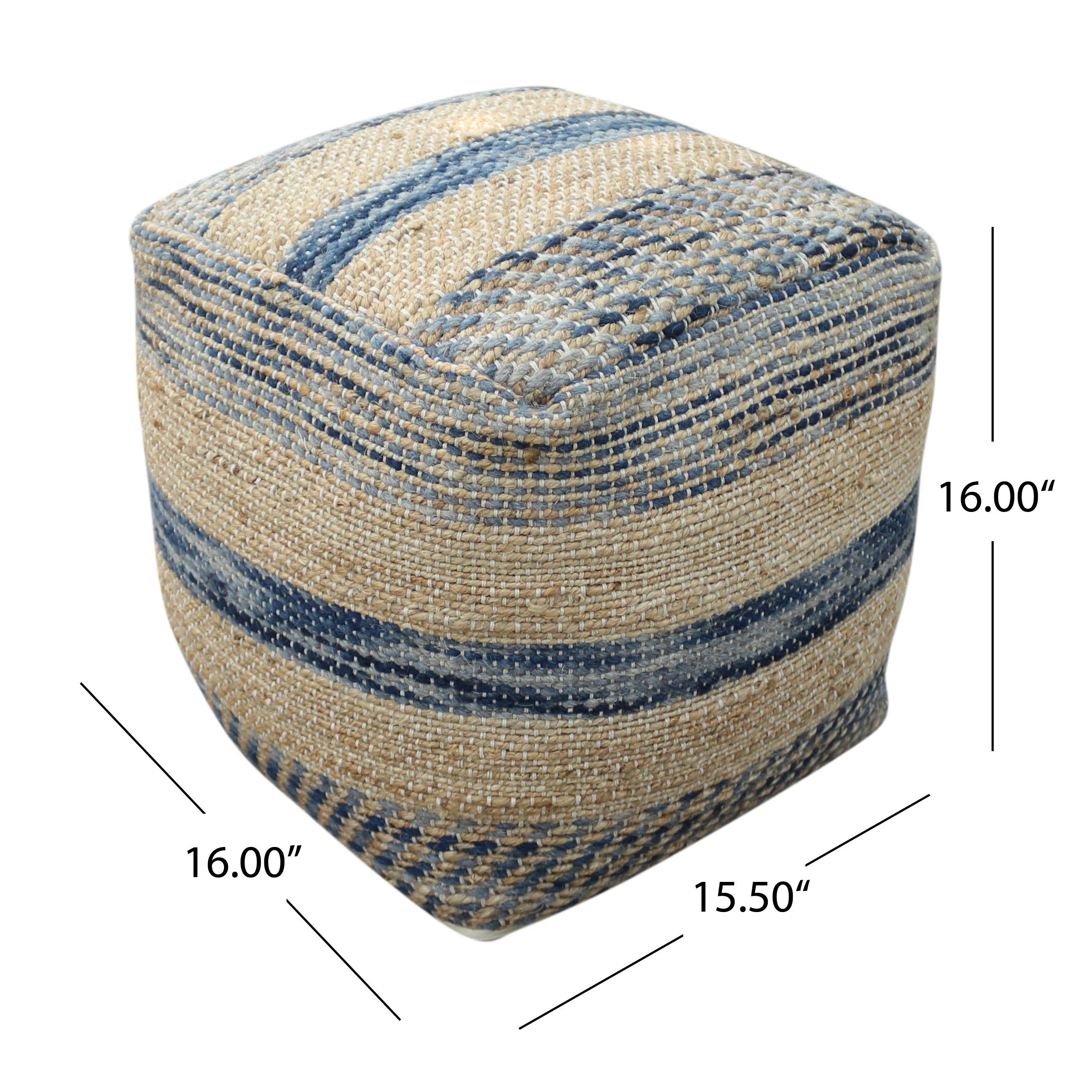 Christopher Knight Home Lola Boho Hemp and Wool Pouf, Natural and Blue