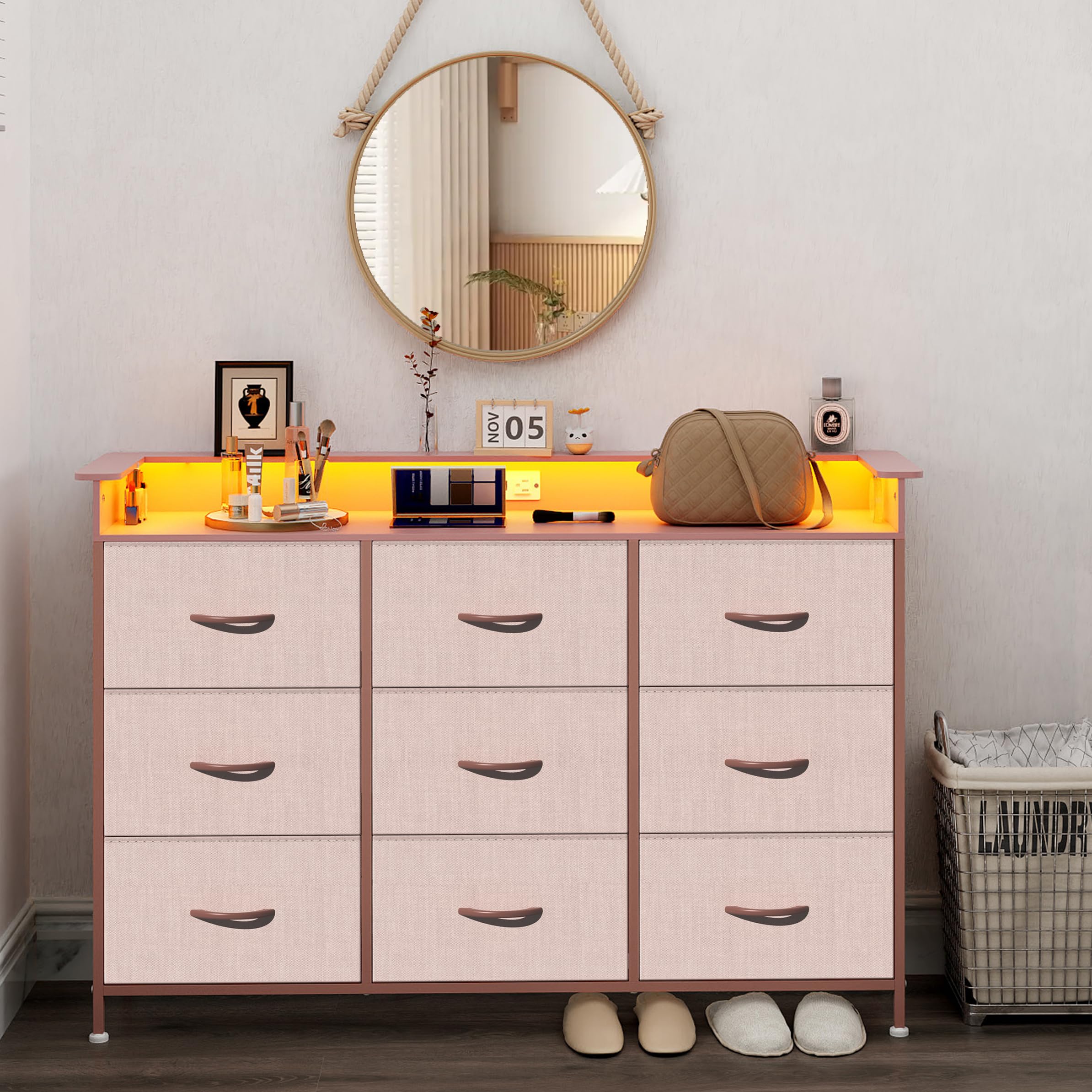 9-Drawer Dresser with LED Lights and Charging Station