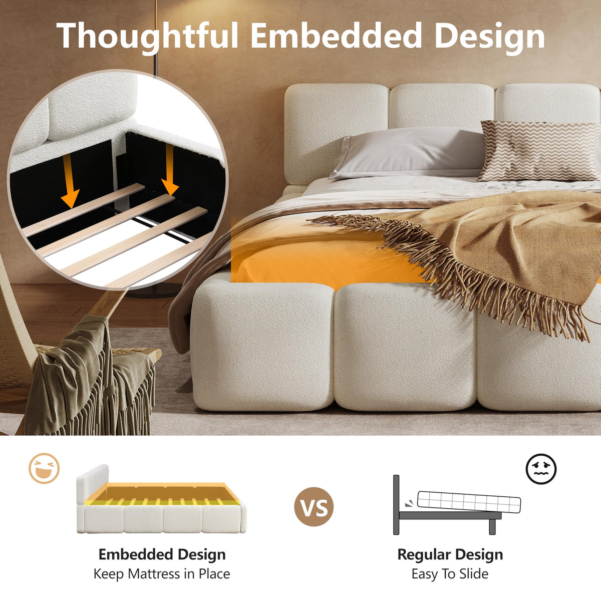 King Size Boucle Platform Bed with Thick Headboard