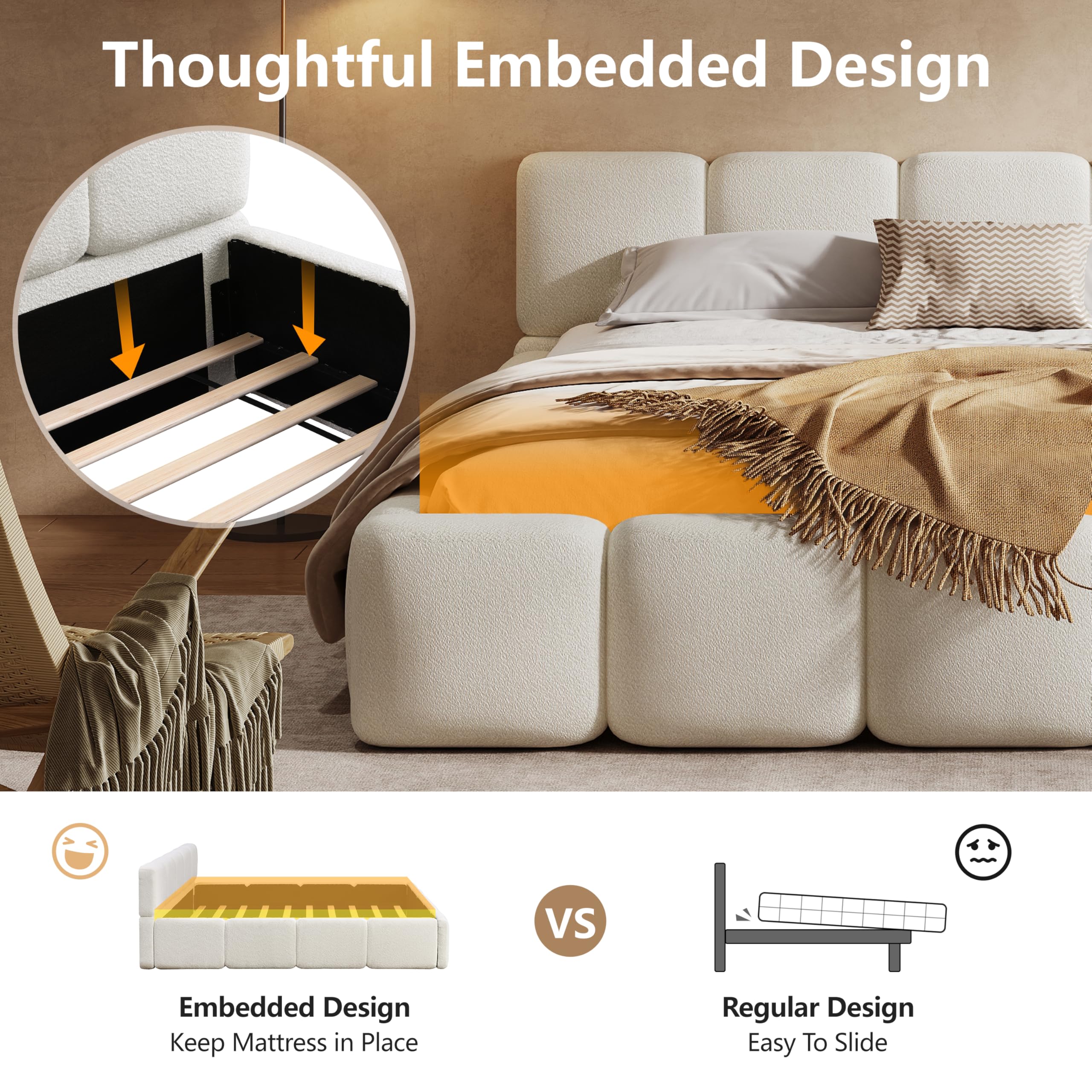 King Size Boucle Platform Bed with Thick Headboard