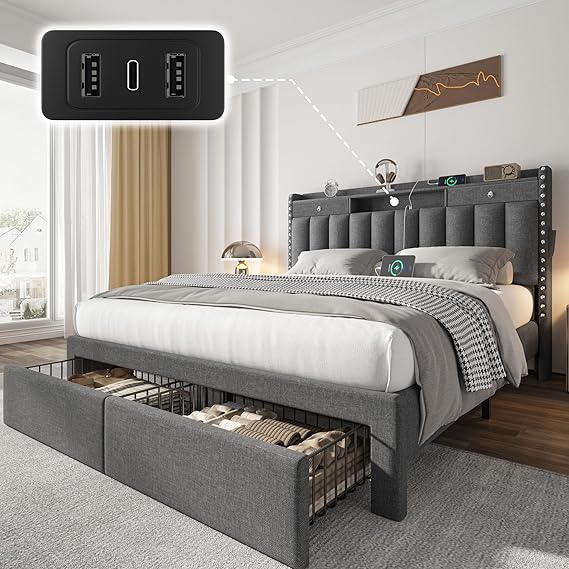Queen Bed Frame with Storage Drawers and Charging Station