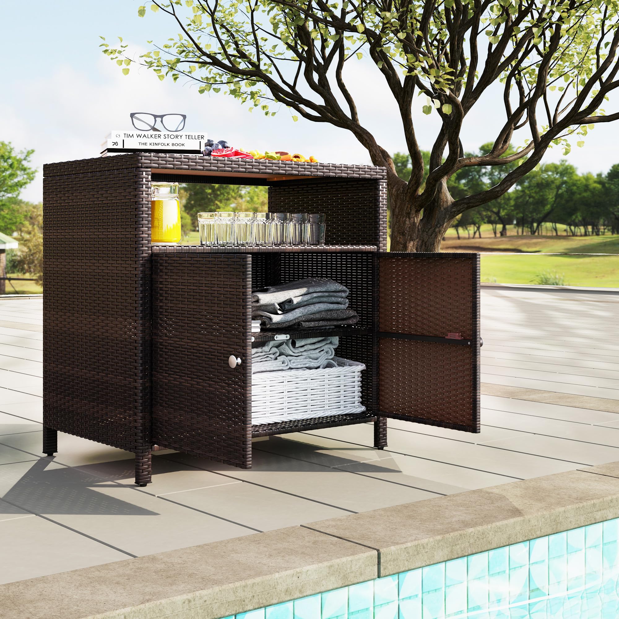 Wicker Outdoor Storage Cabinet with Acacia Wood Countertop