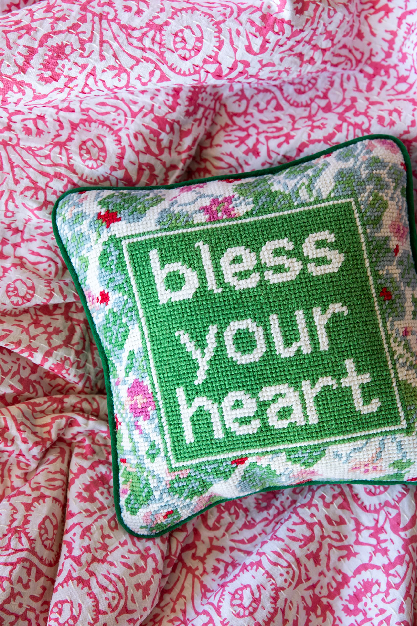 Needlepoint Throw Pillow - Bless Your Heart - 10x10 Decorative Accent