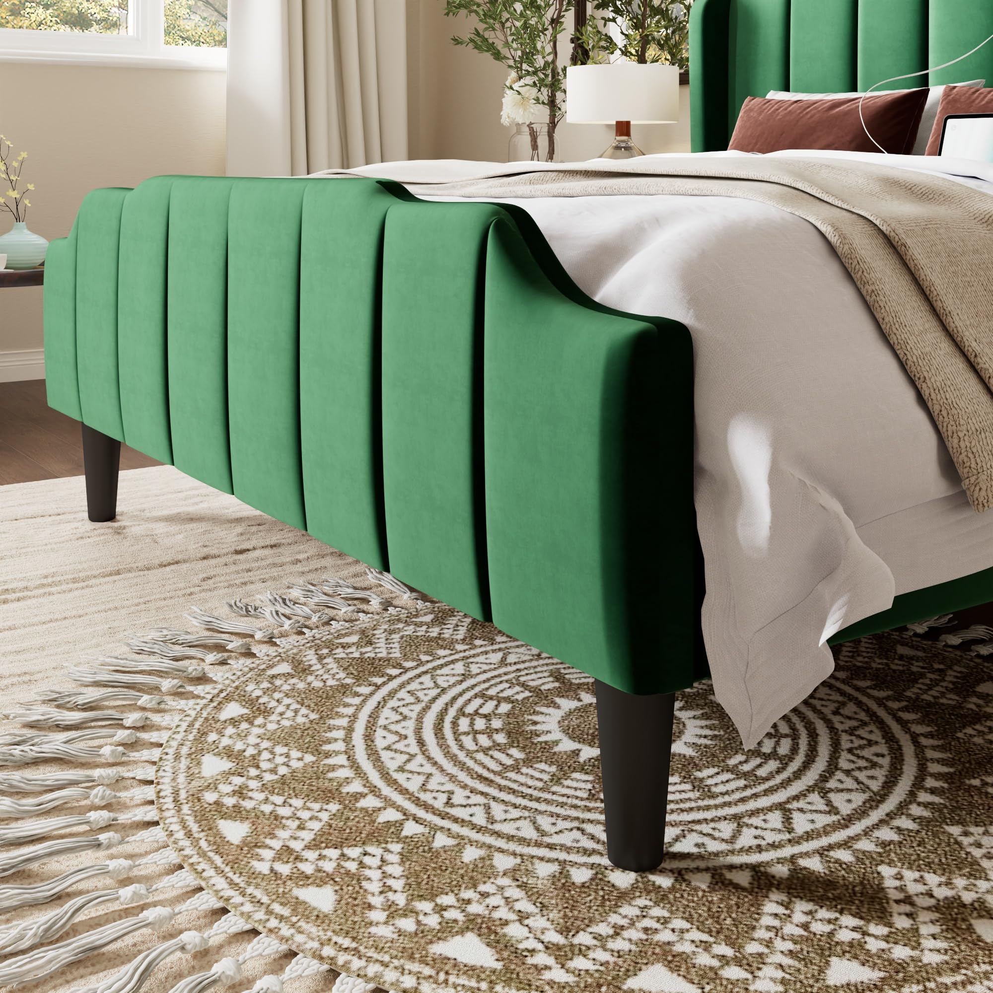 Vintage Queen Velvet Platform Bed Frame with Tufted Wingback Headboard