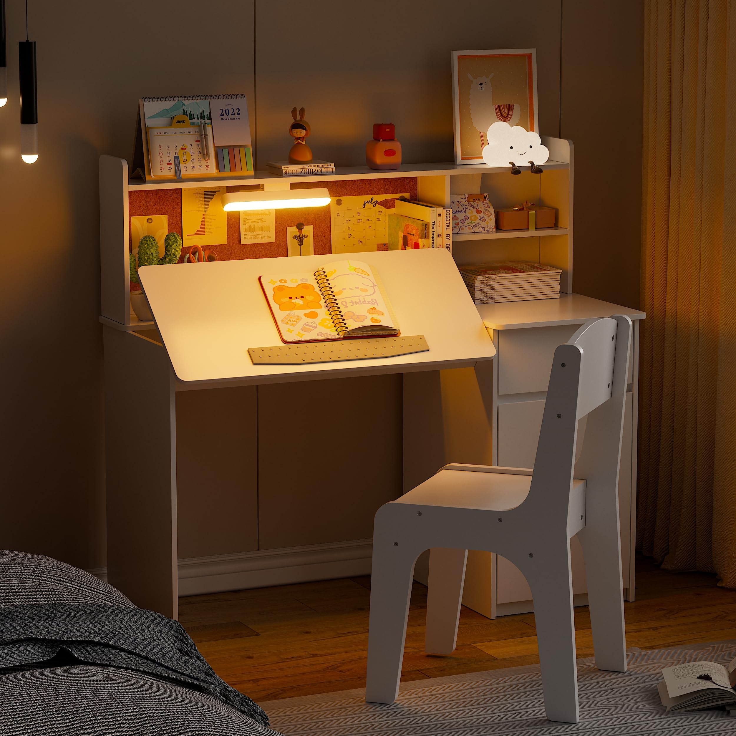 Kids Desk and Chair Set with LED Lights and Storage