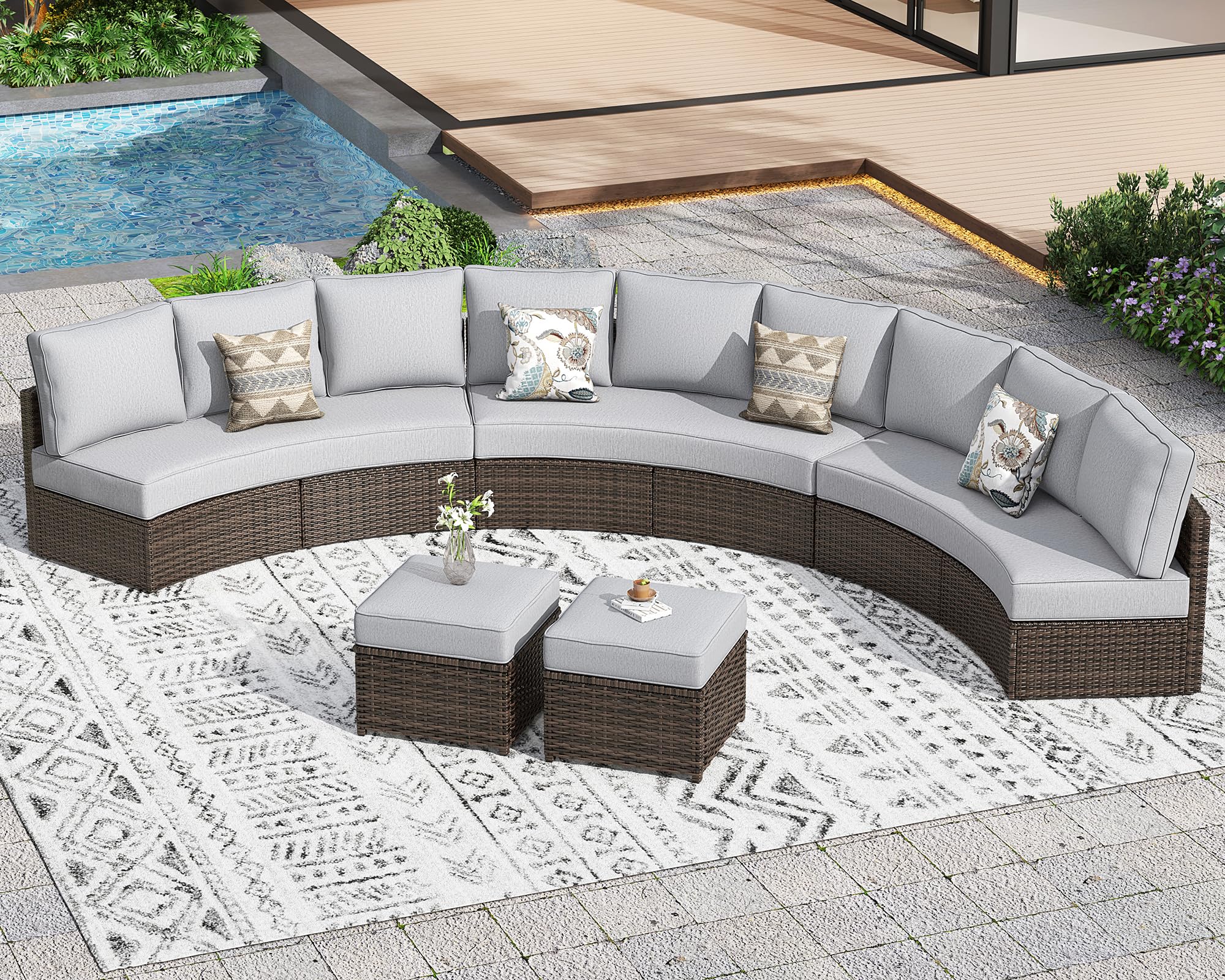 11 Piece Half Moon Outdoor Patio Furniture Set with Cushions and Ottoman