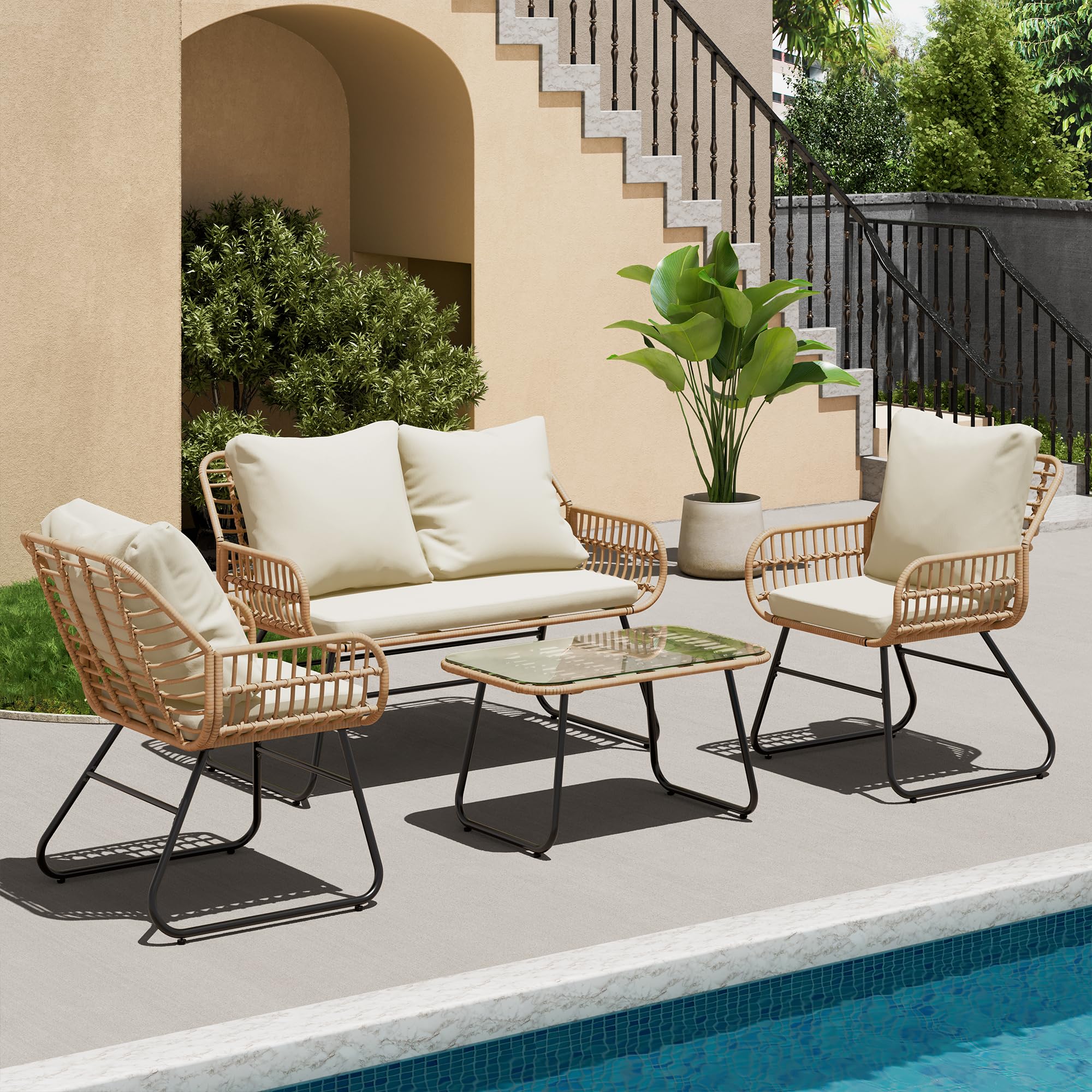 4-Piece Outdoor Patio Furniture Set with Cushions and Tempered Glass Table